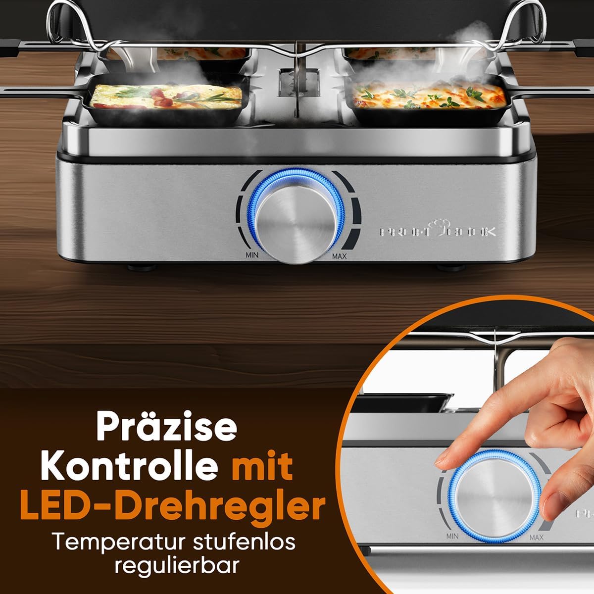 Raclette-Grill für 4 Personen mit Wendegussplatte, Edelstahl