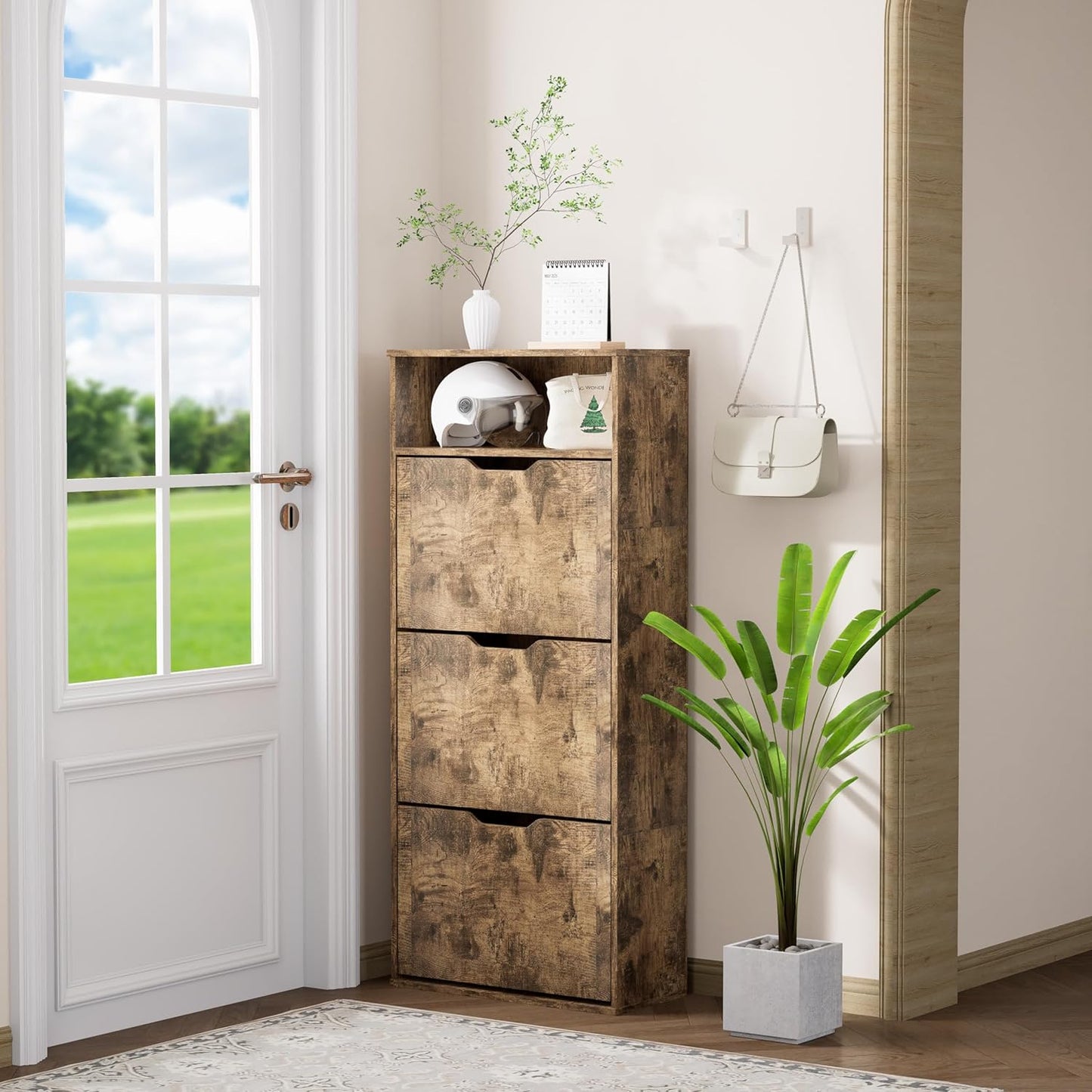 Schuhschrank mit 3 Klappen, ultraschmal (24 cm), Rustikales Braun