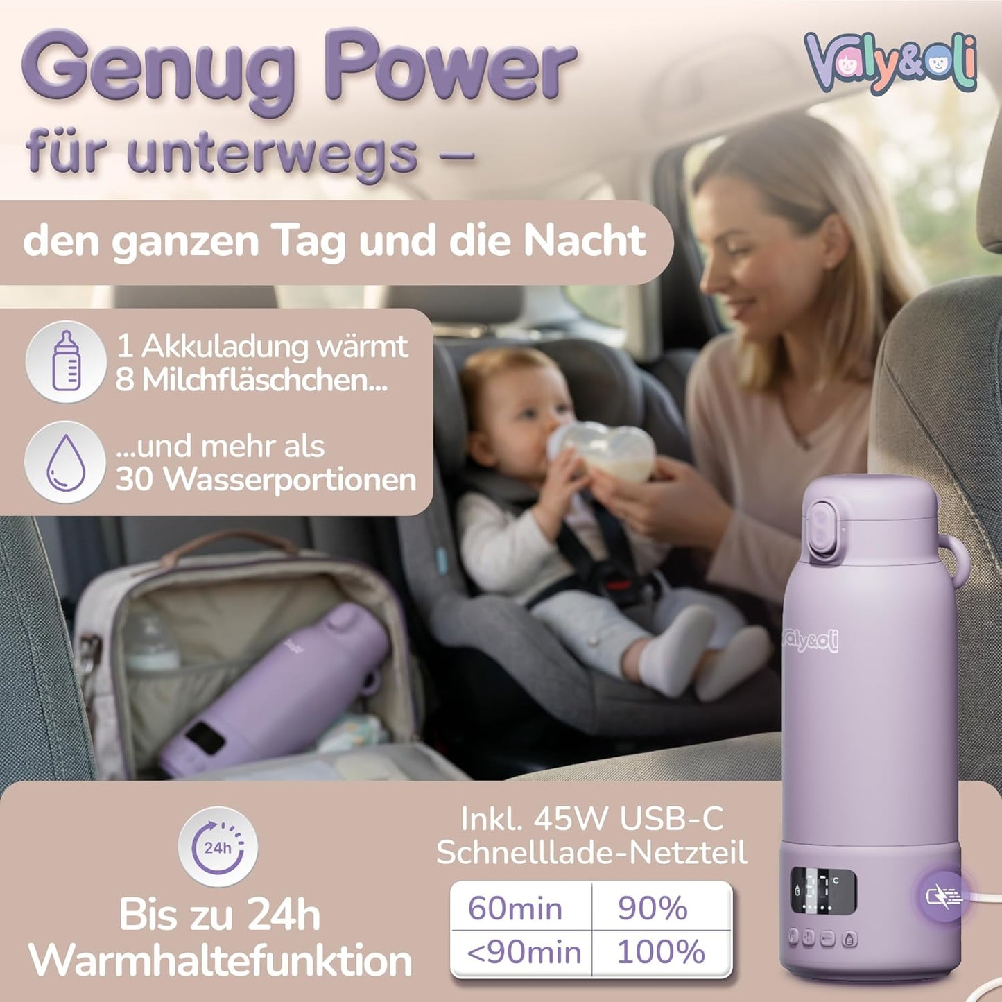 Tragbarer Babyflaschenwärmer mit Akku 16.000mAh, Lavendel-Lila