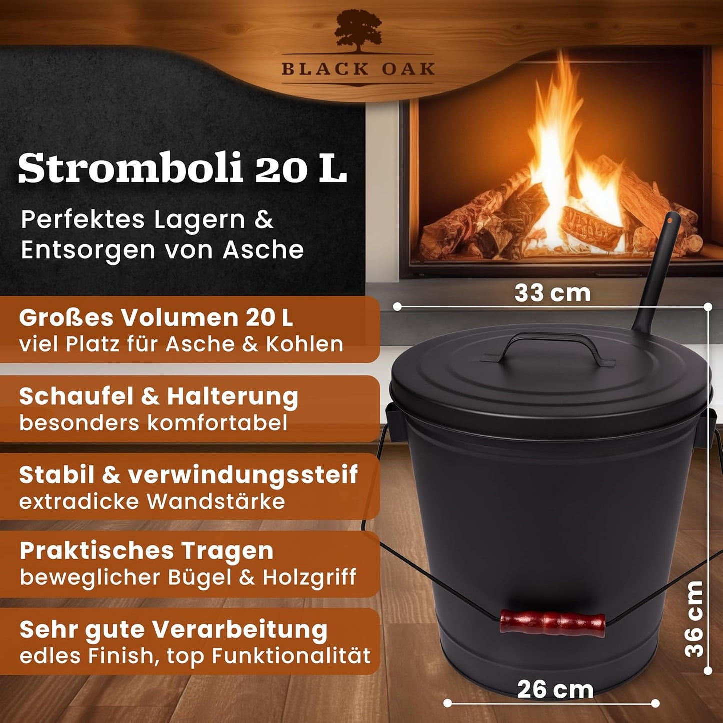 Asche- und Kohleeimer Stromboli mit Deckel & Schaufel, Bügel schwarz ohne Besen