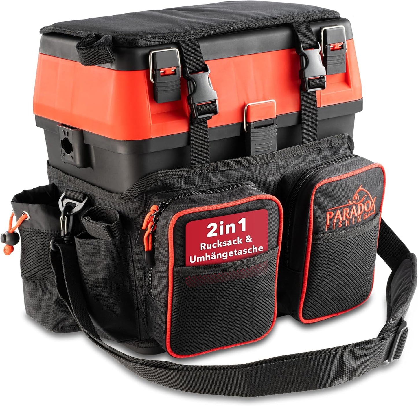 2in1 Angelrucksack mit Sitzfunktion, Schwarz/Rot
