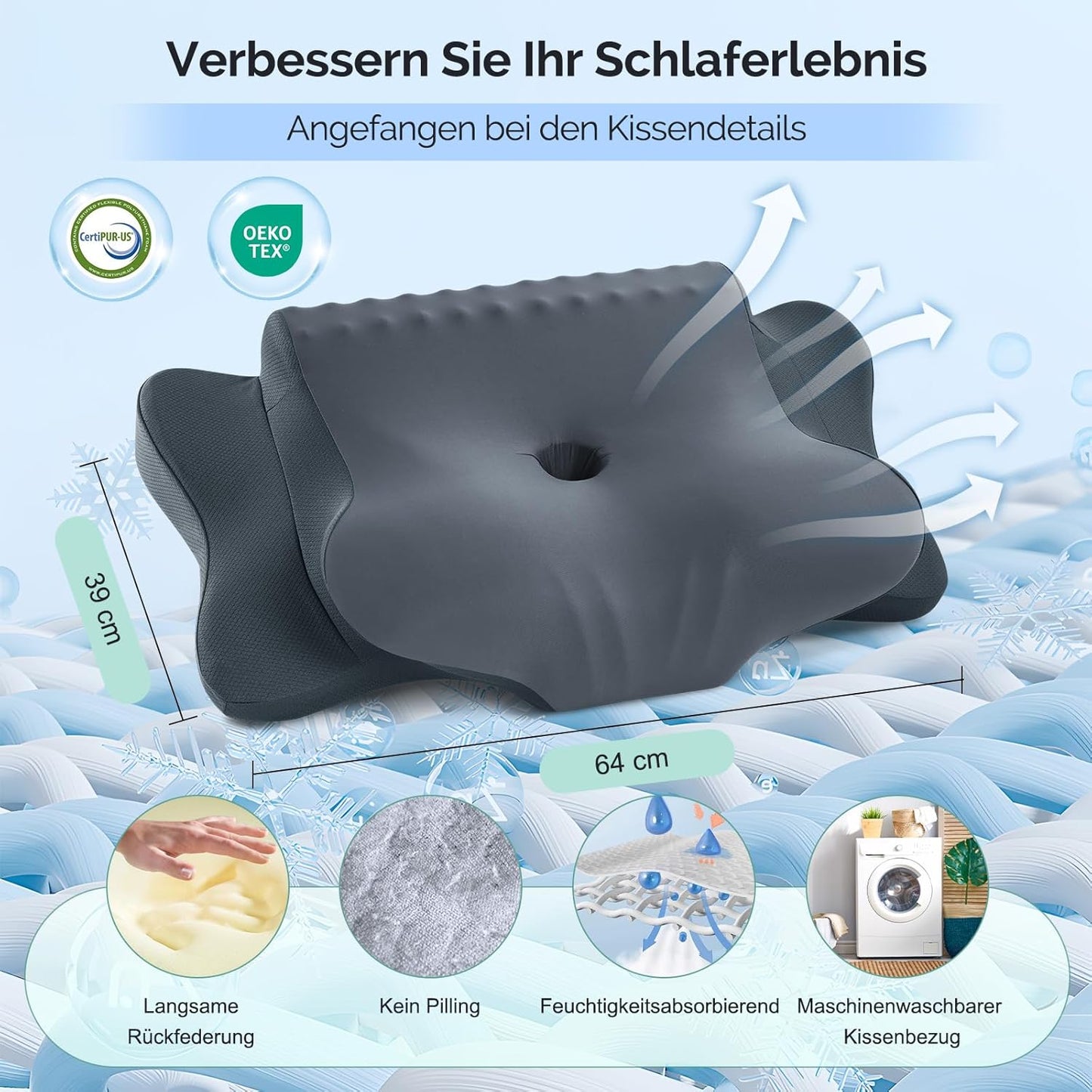 Ergonomisches Nackenstützkissen für Seiten-, Rücken- und Bauchschläfer, Dunkelgrau 64 x 39 x 13 cm