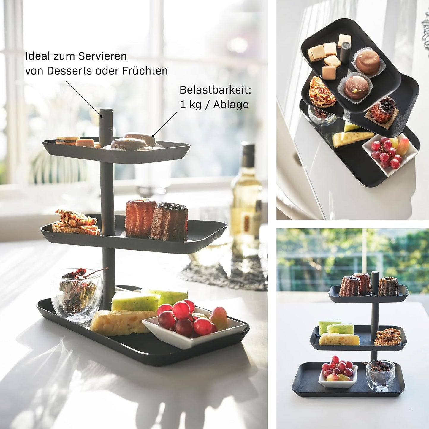 3-stöckige Etagere mit drehbaren Ablagen, Schwarz