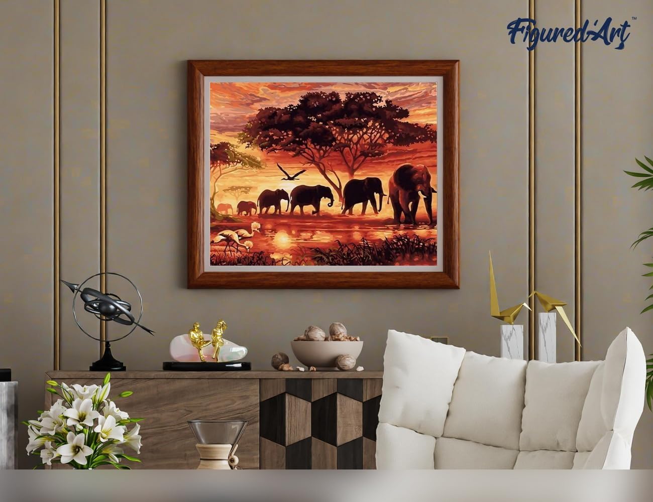 Malen Nach Zahlen Set Elefanten bei Sonnenuntergang, Elefanten bei Sonnenuntergang 40x50cm Mit Keilrahmen (nicht gespannt)
