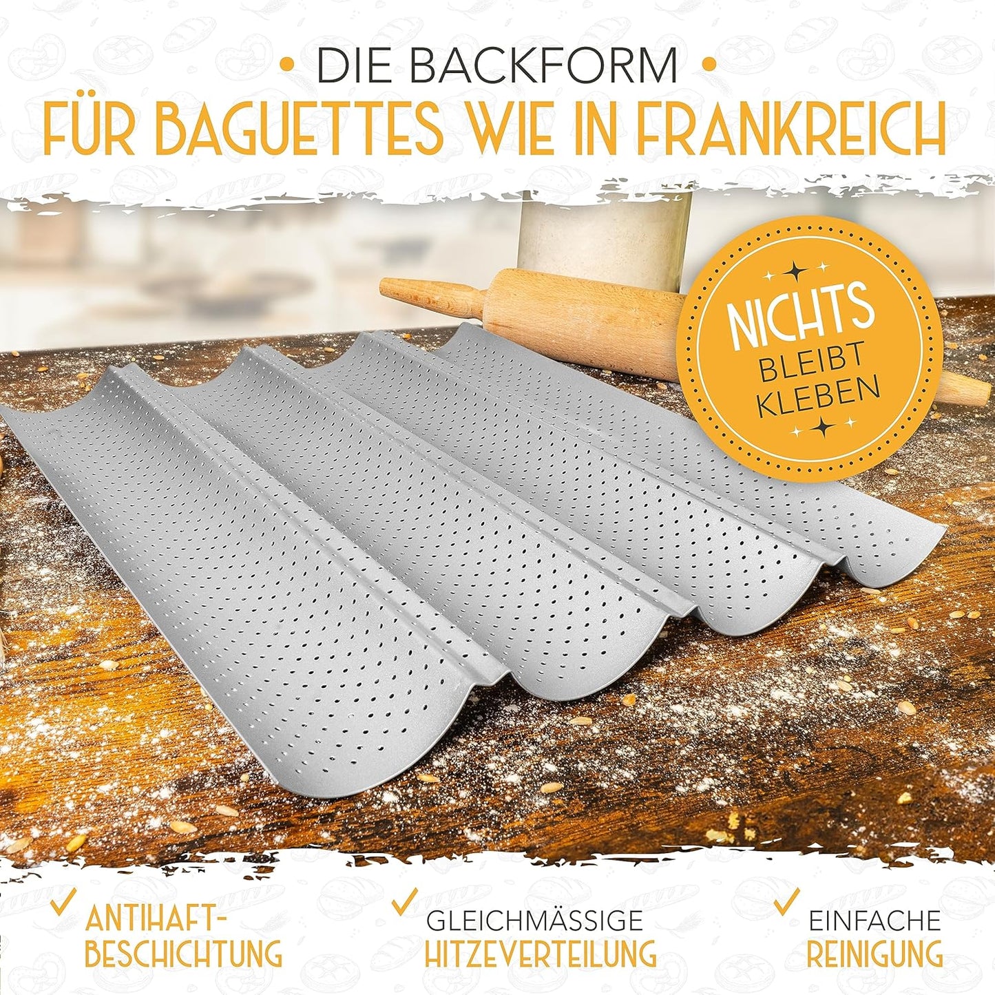 Baguettebackform Set mit Bäckerleinen & Messer, 4er Baguetteform