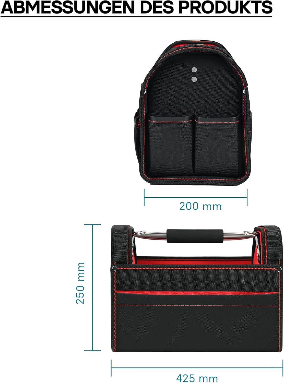 Werkzeugtasche XL mit Schultergurt und Fächern, 44x22x25 cm