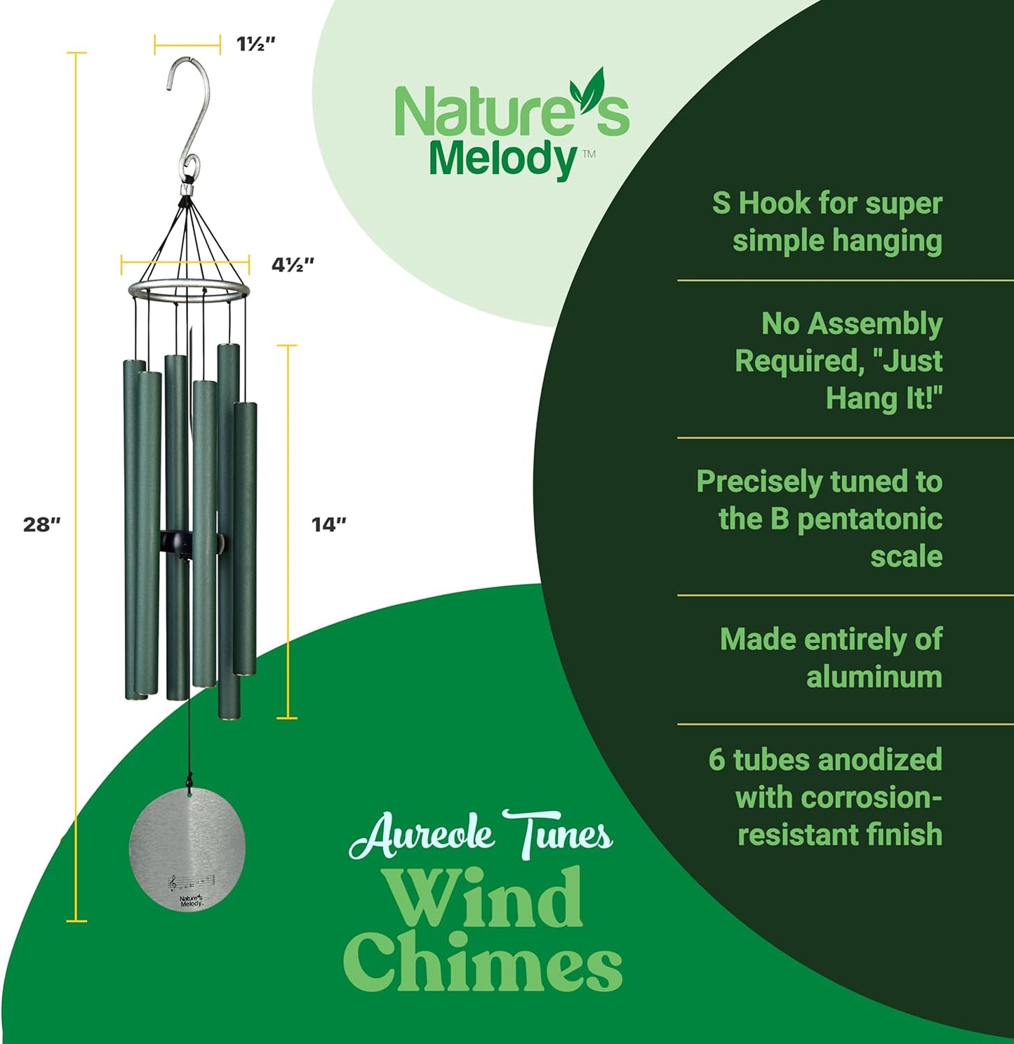 Aureole Tunes Outdoor-Windspiel mit 6 Röhren, 28" Grün (Forest Green)