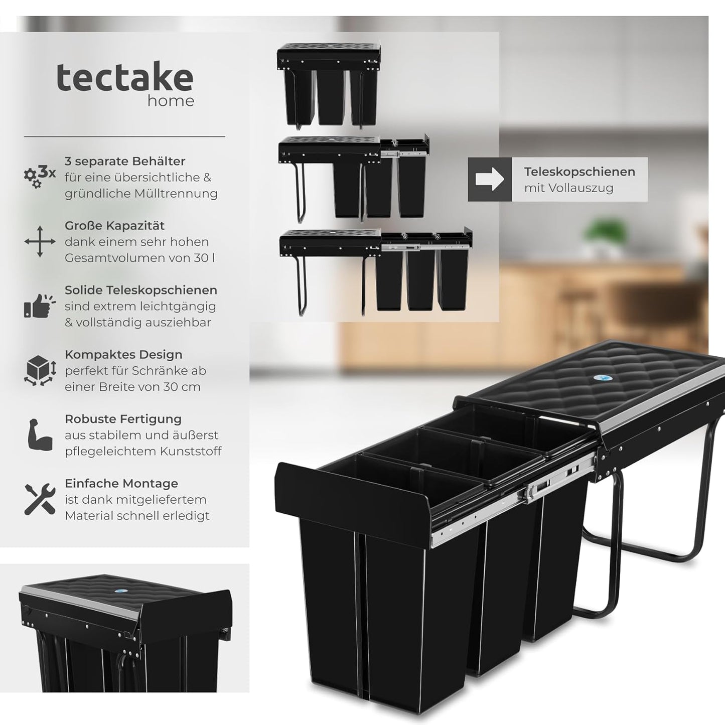 Ausziehbares Mülltrennsystem für Schrank (3x10L), 3x 10L