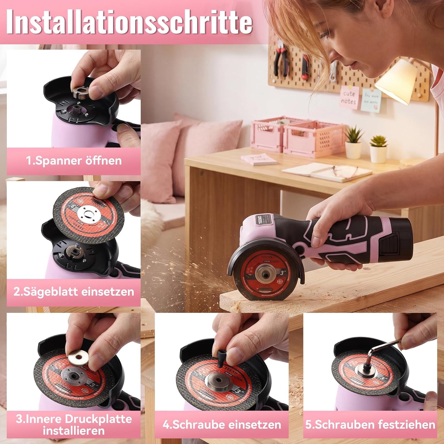 Mini-Winkelschleifer mit 2 Akkus, Rosa Winkelschleifer