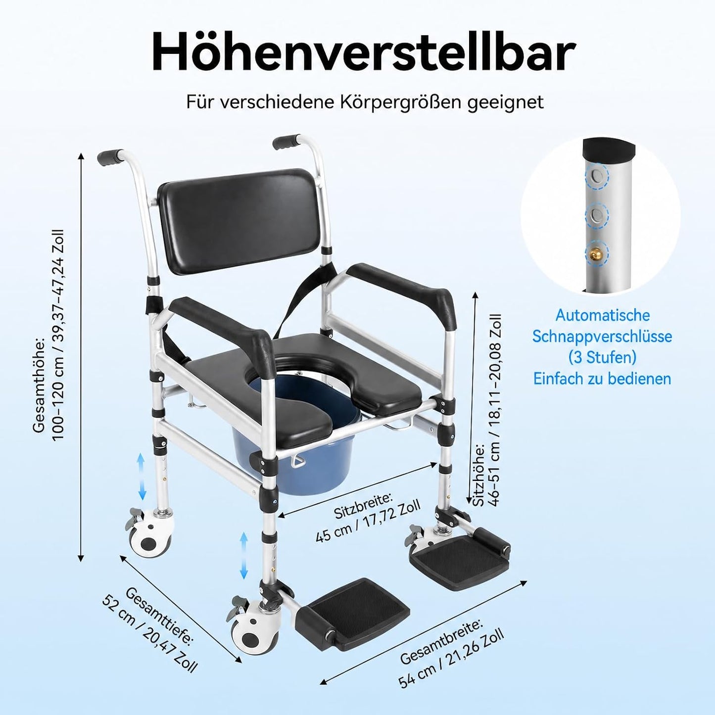 Klappbarer Duschrollstuhl mit Rädern