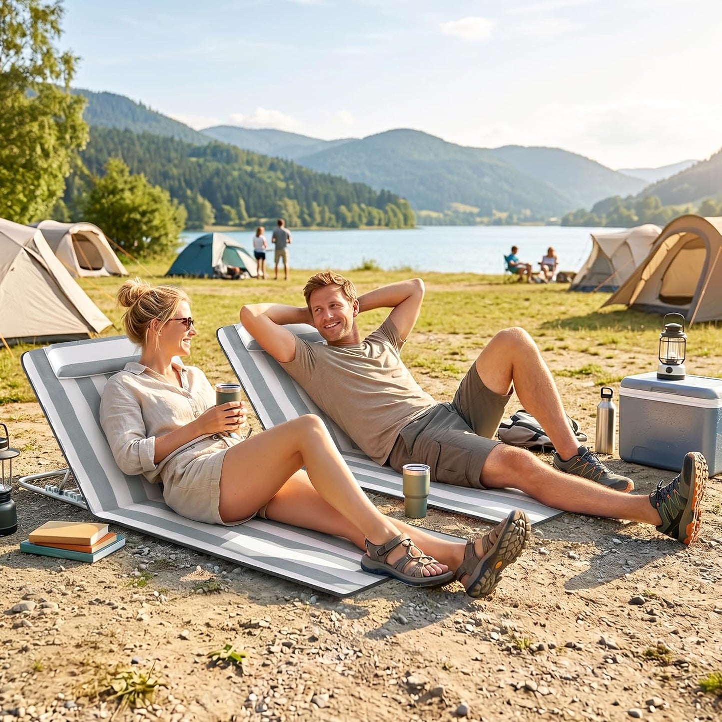 Klappbares Sonnenliegen-Set mit Kopfkissen und Tragetasche, Hellgrau