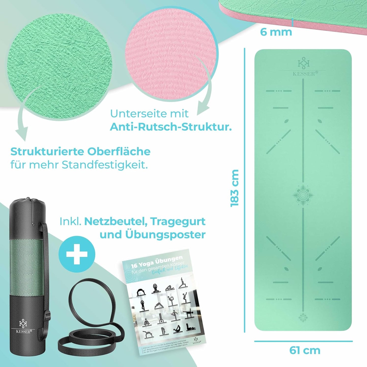 Gymnastik- und Fitnessmatte mit Tragegurt, Mint / Rose