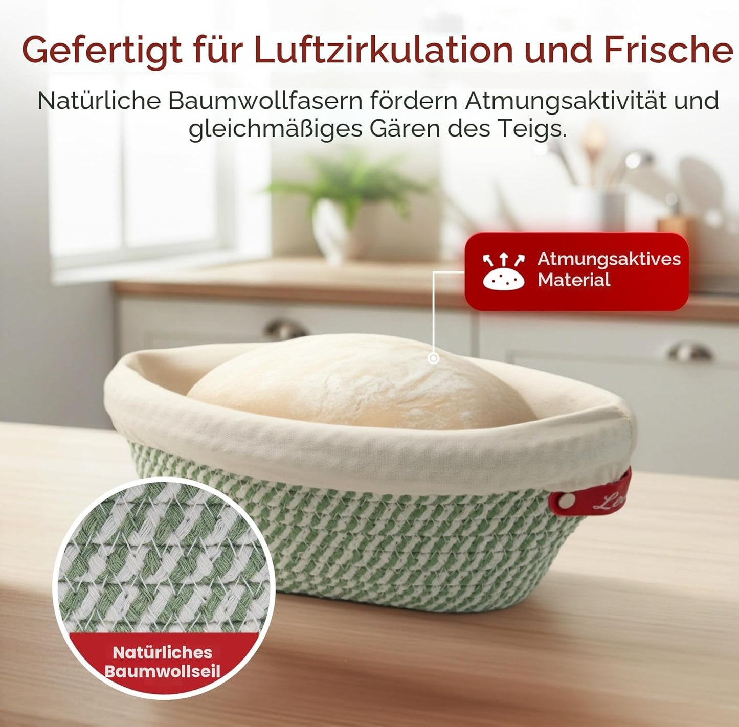 Gärkörbchen-Set für Sauerteigbrot, Grau/Weiss Rund + Grün/Weiss Oval