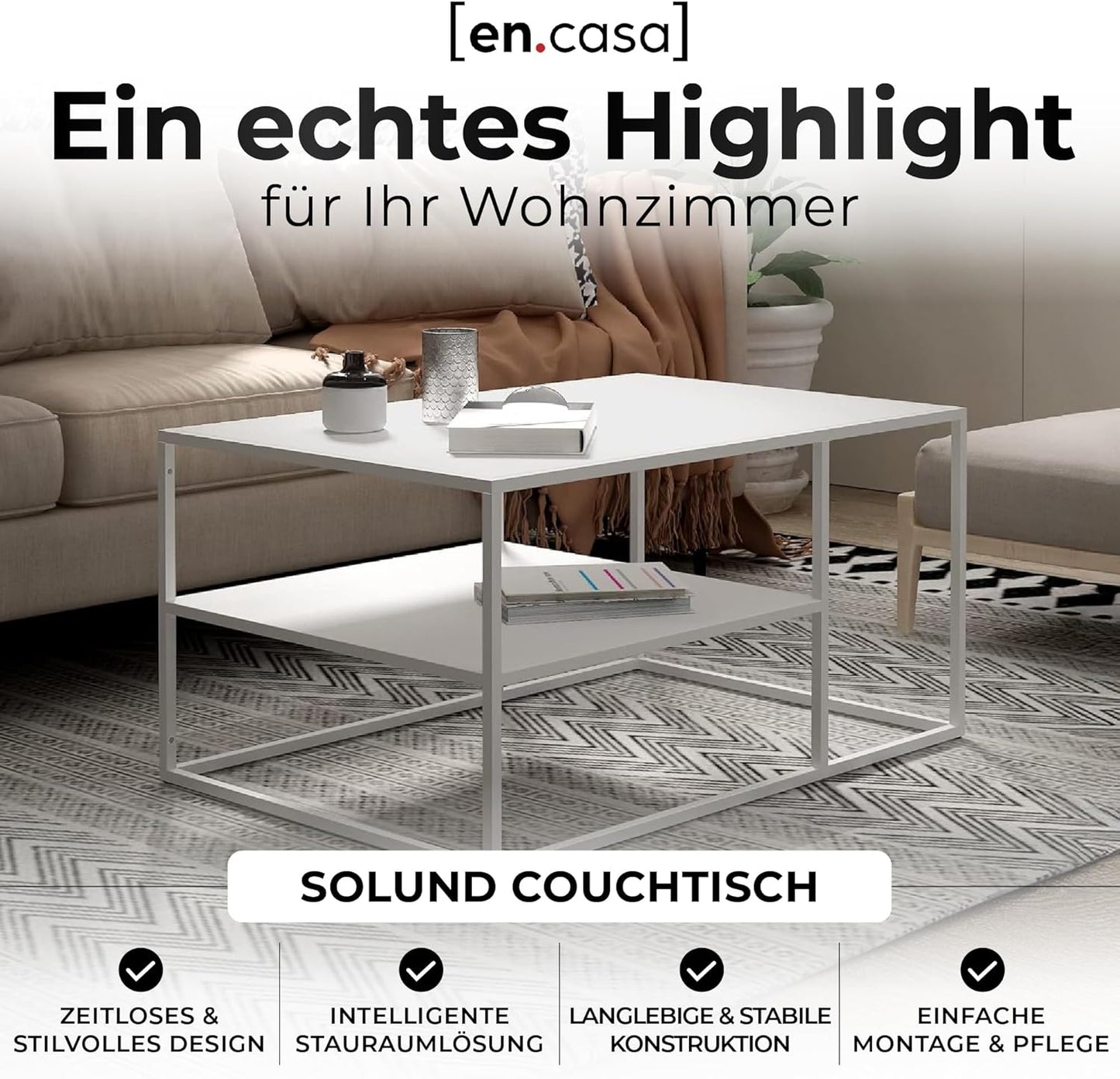 Rechteckiger Couchtisch mit Stauraum, Weiß 90 x 60 x 45 cm
