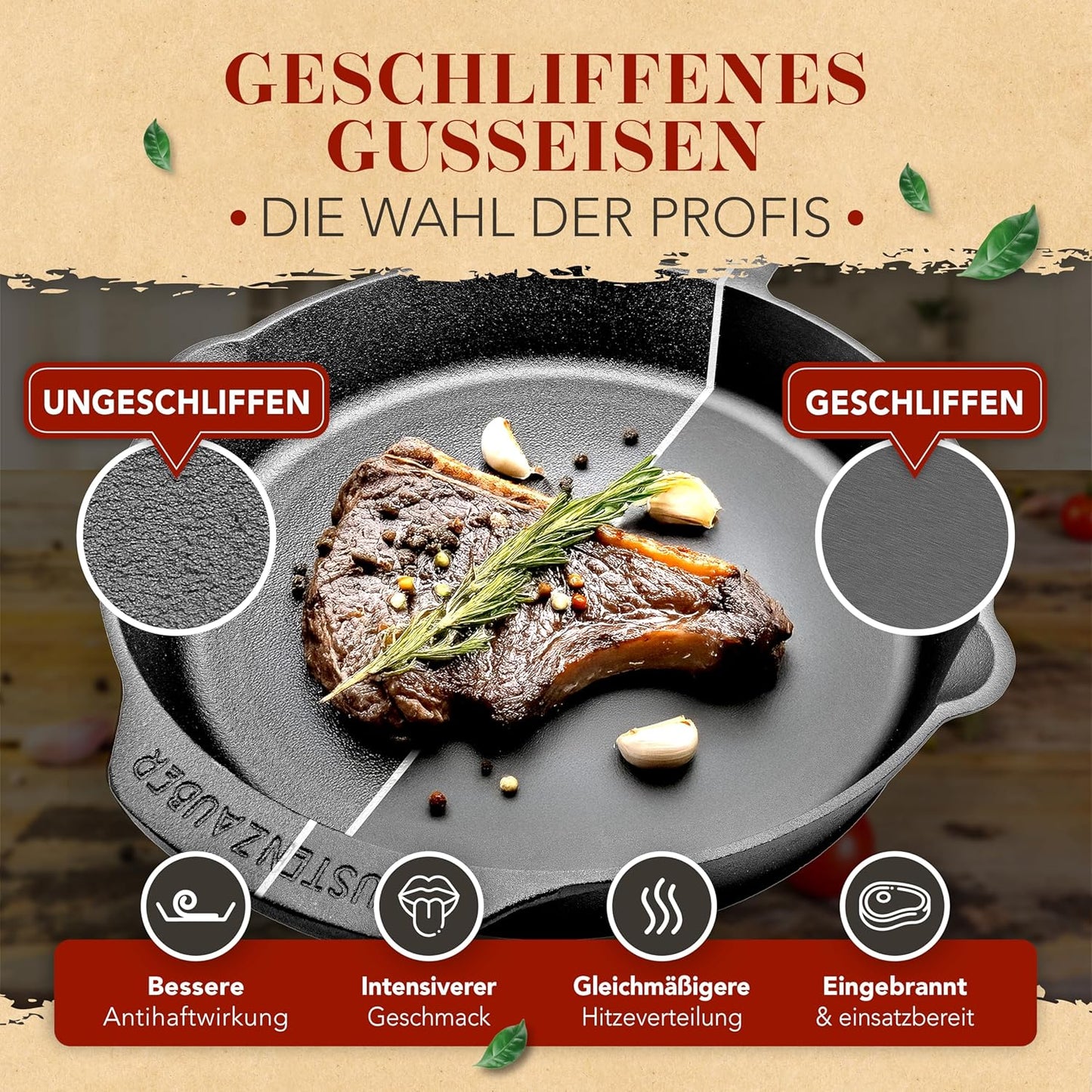 Gusseisenpfanne 28cm mit Deckel & Wender, 28cm Geschliffene Pfanne + Deckel + Wender