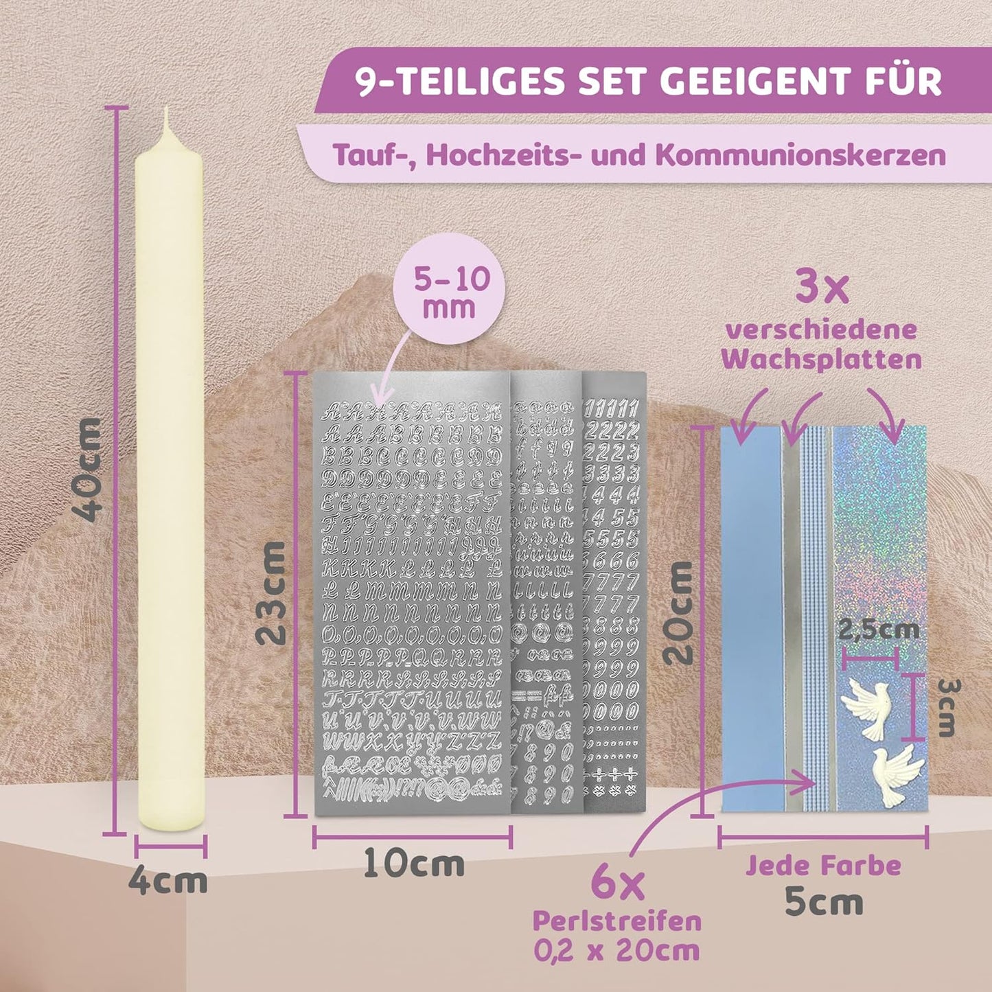 Kerzen-Rohling Set zur individuellen Gestaltung, Blau mit Taube Kerze 40x4 cm | Creme