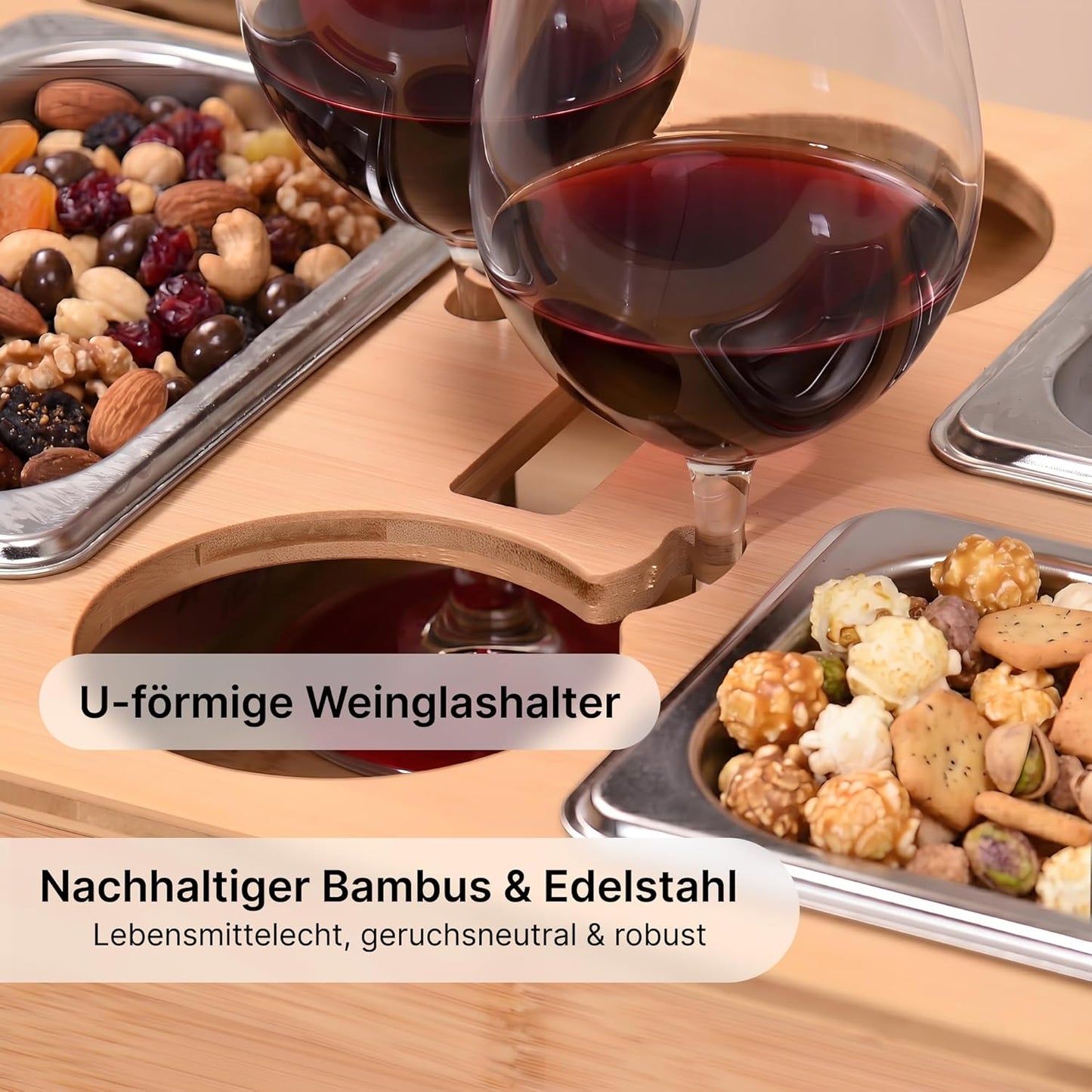 Snackbox-Sofa-Tablett mit Wein- und Snackhaltern, Bambus 40 x 26 x 8 cm mit 3 Edelstahl-Schalen