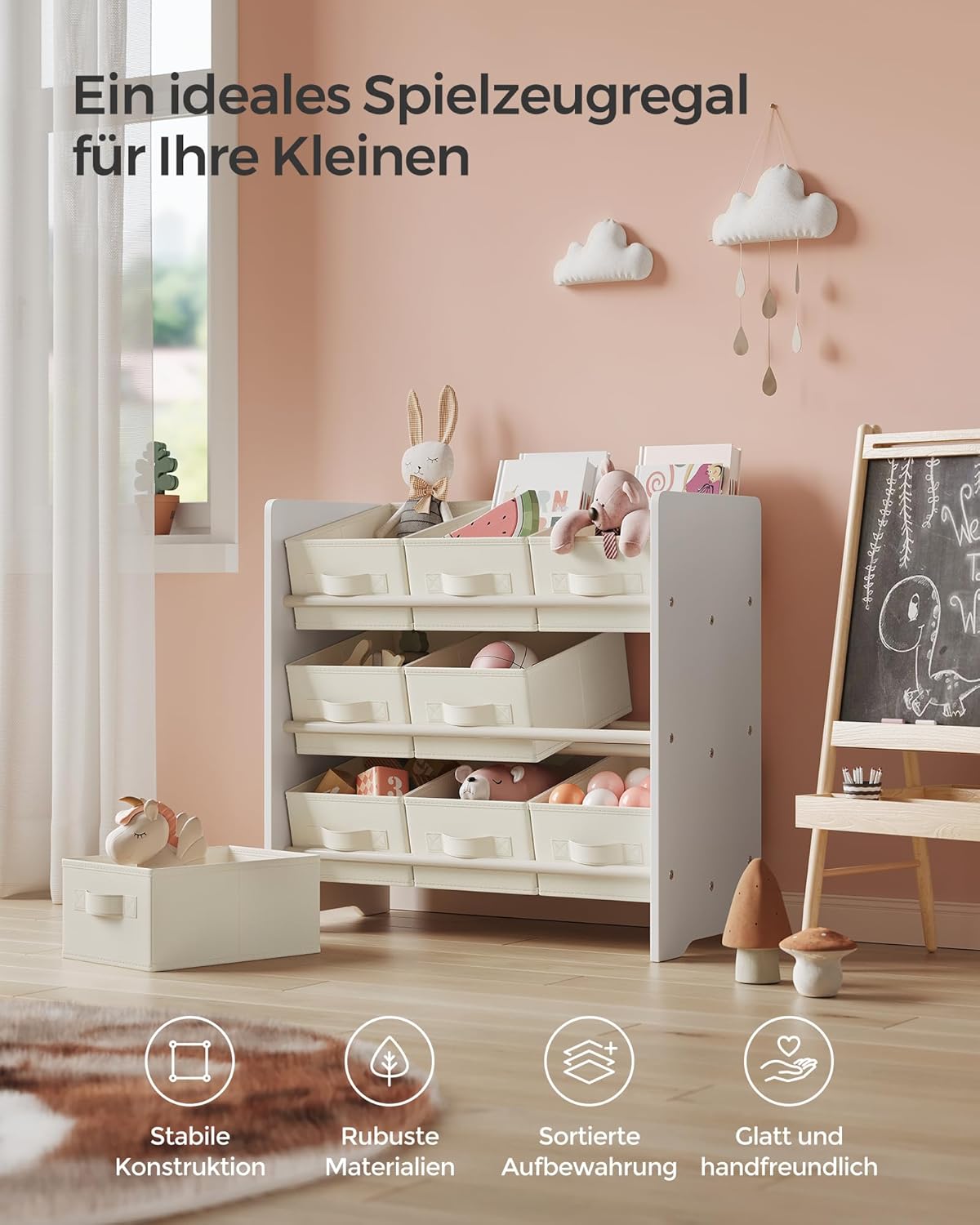 Kinder-Spielzeugregal mit 9 Aufbewahrungsboxen, Wolkenweiss