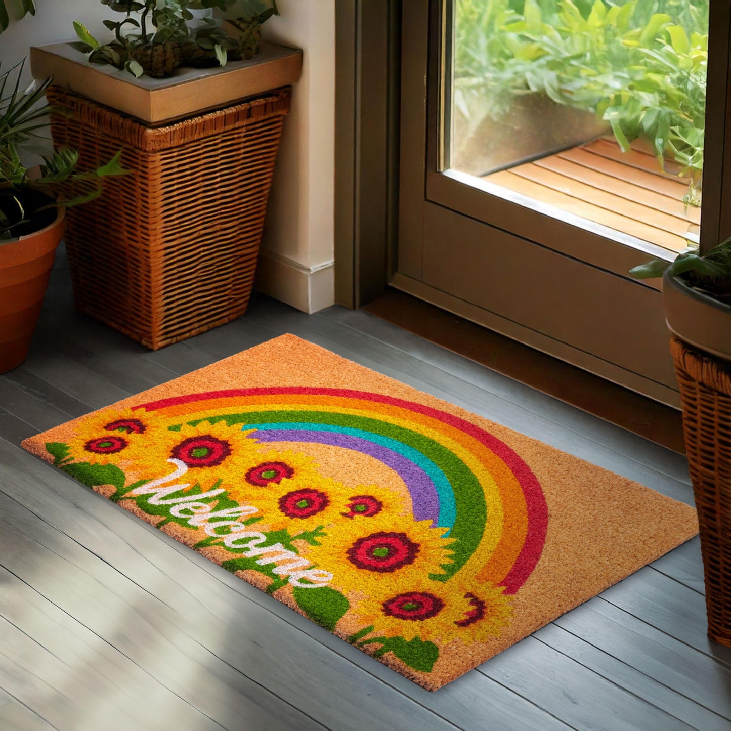 Antirutsch Fussmatte, Welcome - Sonnenblumen und Regenbogen