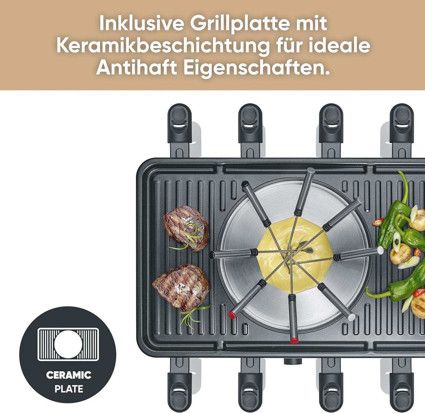 2-in-1 Raclette-Fondue-Kombination für 8 Personen, NEU Black Line
