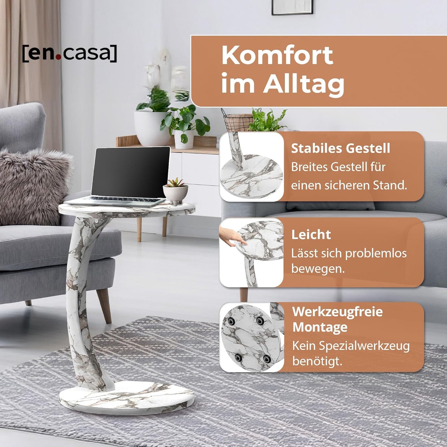 Beistelltisch Holeby auf Rollen mit Marmoroptik, Marmor, Cremeweiss