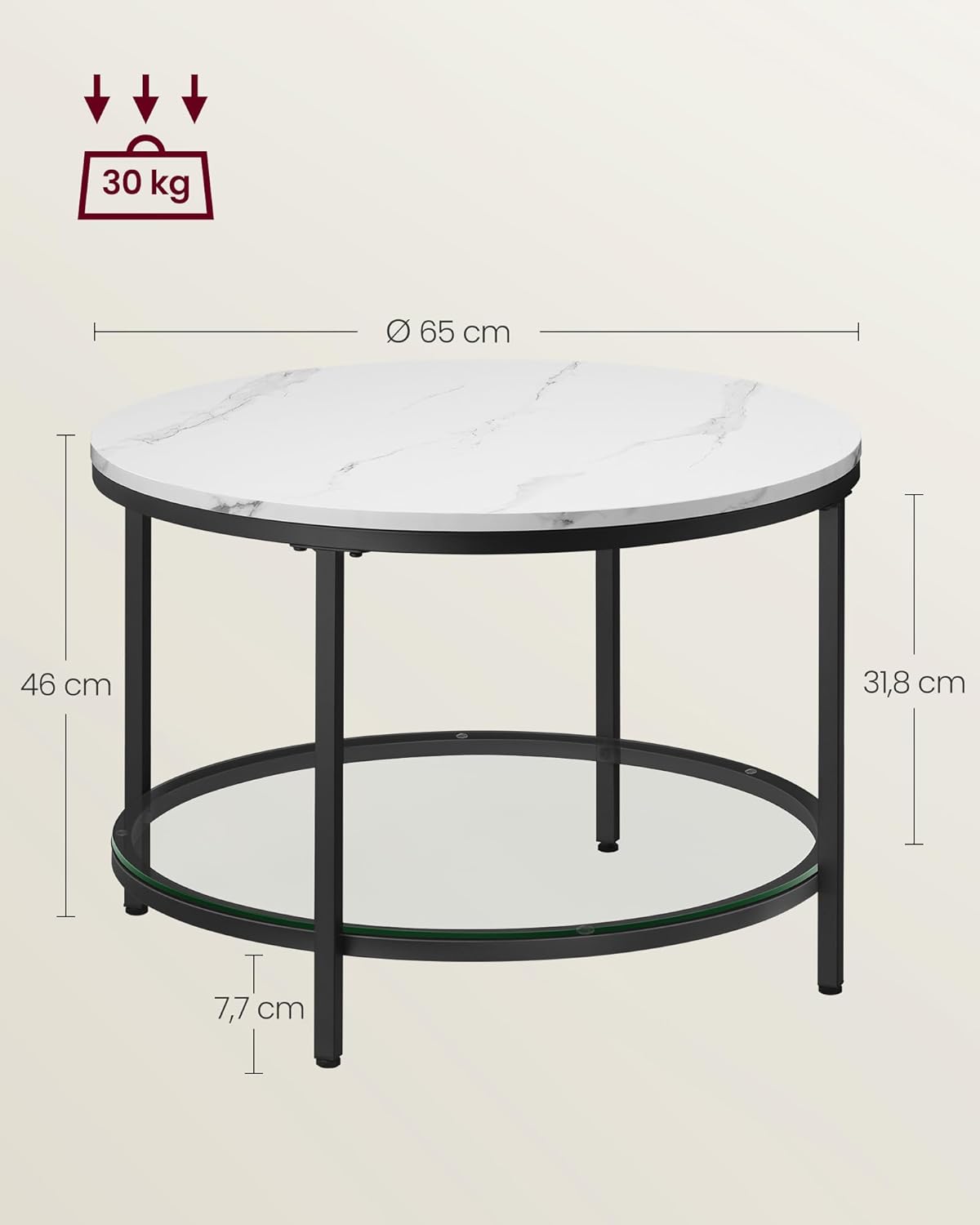 Moderner Couchtisch mit Glasplatte und Stauraum, 65d cm Marmorweiss + Tintenschwarz