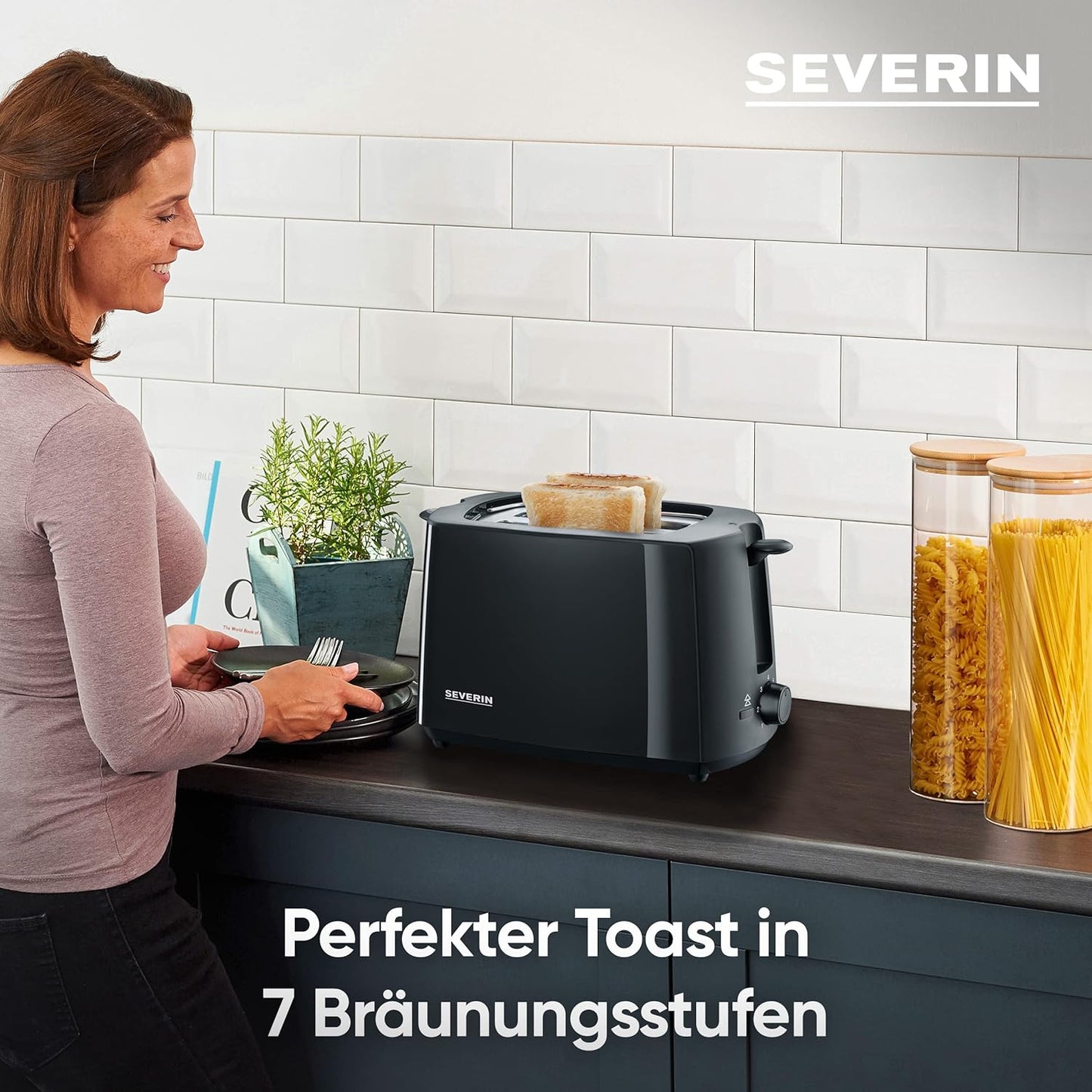 Automatik-Toaster mit Brötchenaufsatz und Krümelschublade, Schwarz