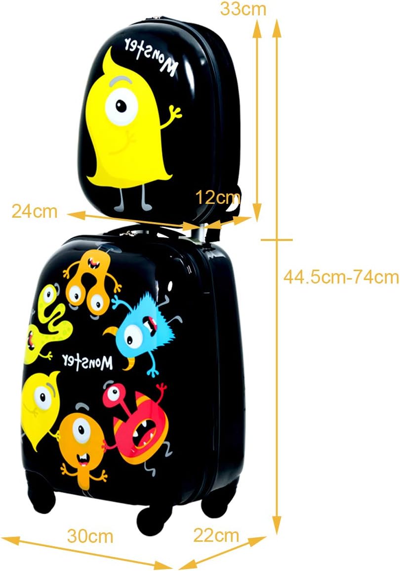 Kinderkoffer mit Rucksack Set, 16 Zoll +12 Zoll, Schwarz