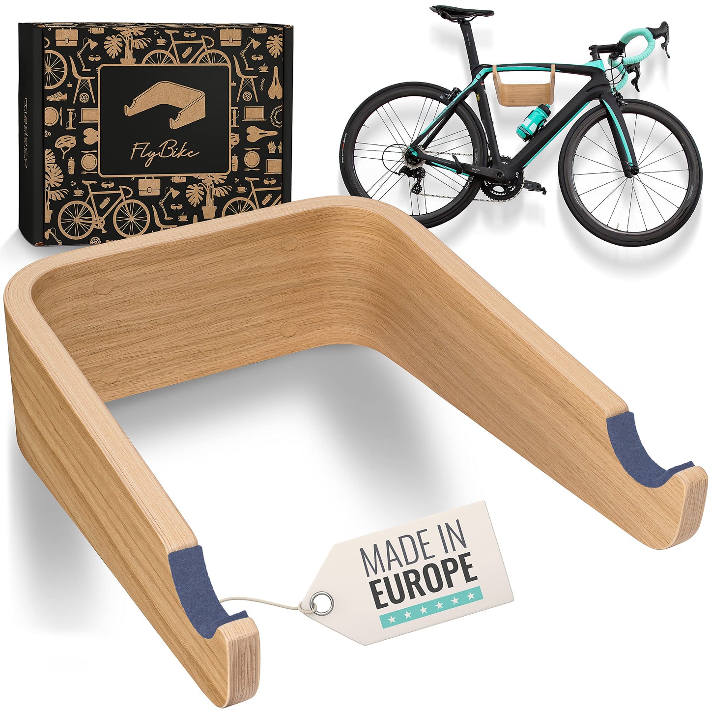 Velo Wandhalterung aus Holz, M (bis 62cm Lenkerbreite) Eiche | Ozeanblau