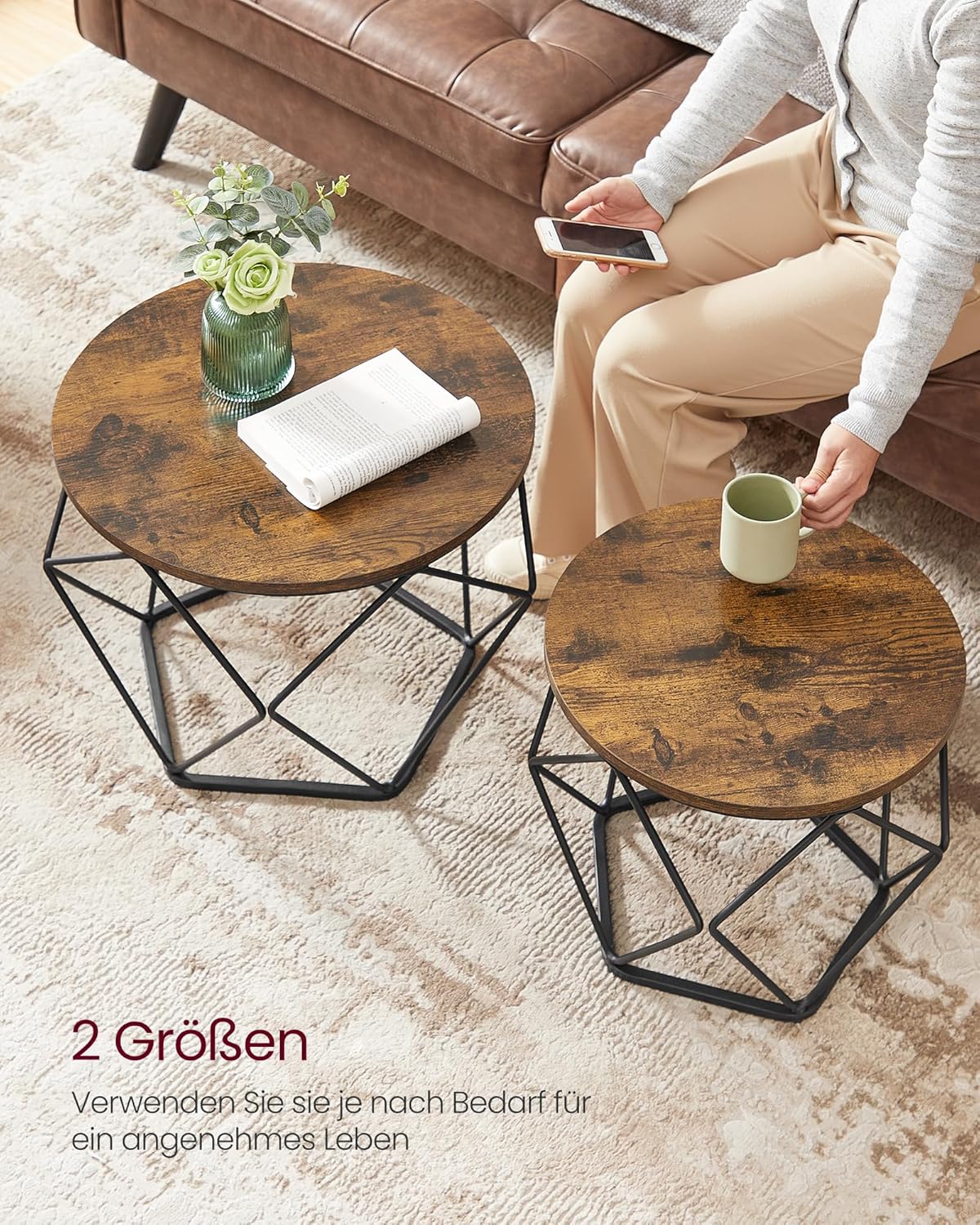Runder Couchtisch im 2er Set, Vintage-Design, (60d x 45H) cm+(50d x 40H) cm Vintagebraun + Tintenschwarz