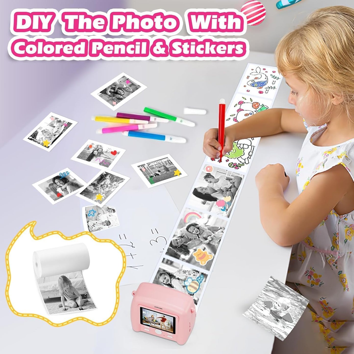 Kinder-Sofortbildkamera mit Fotodruck, Rosa