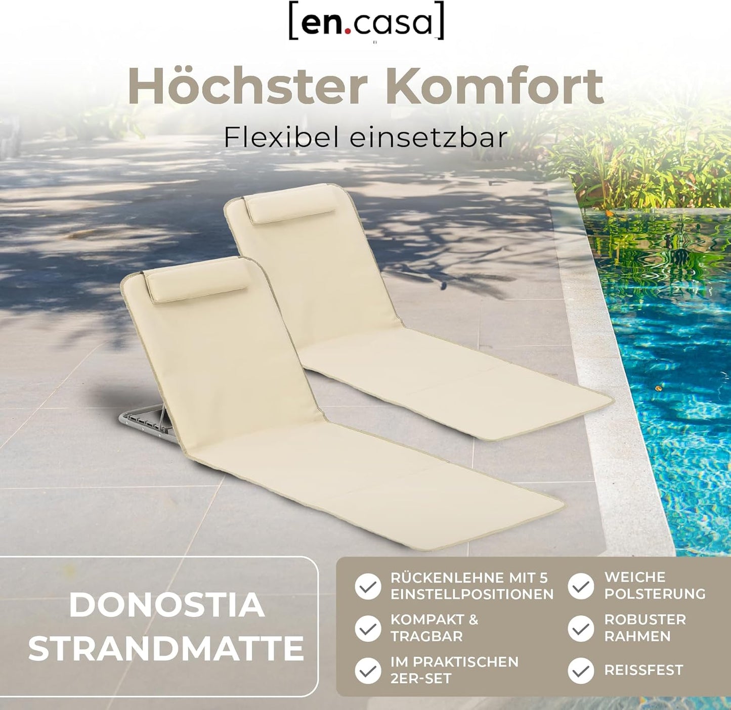 Strandmatte 2er-Set mit Verstellbarer Rückenlehne, Beige