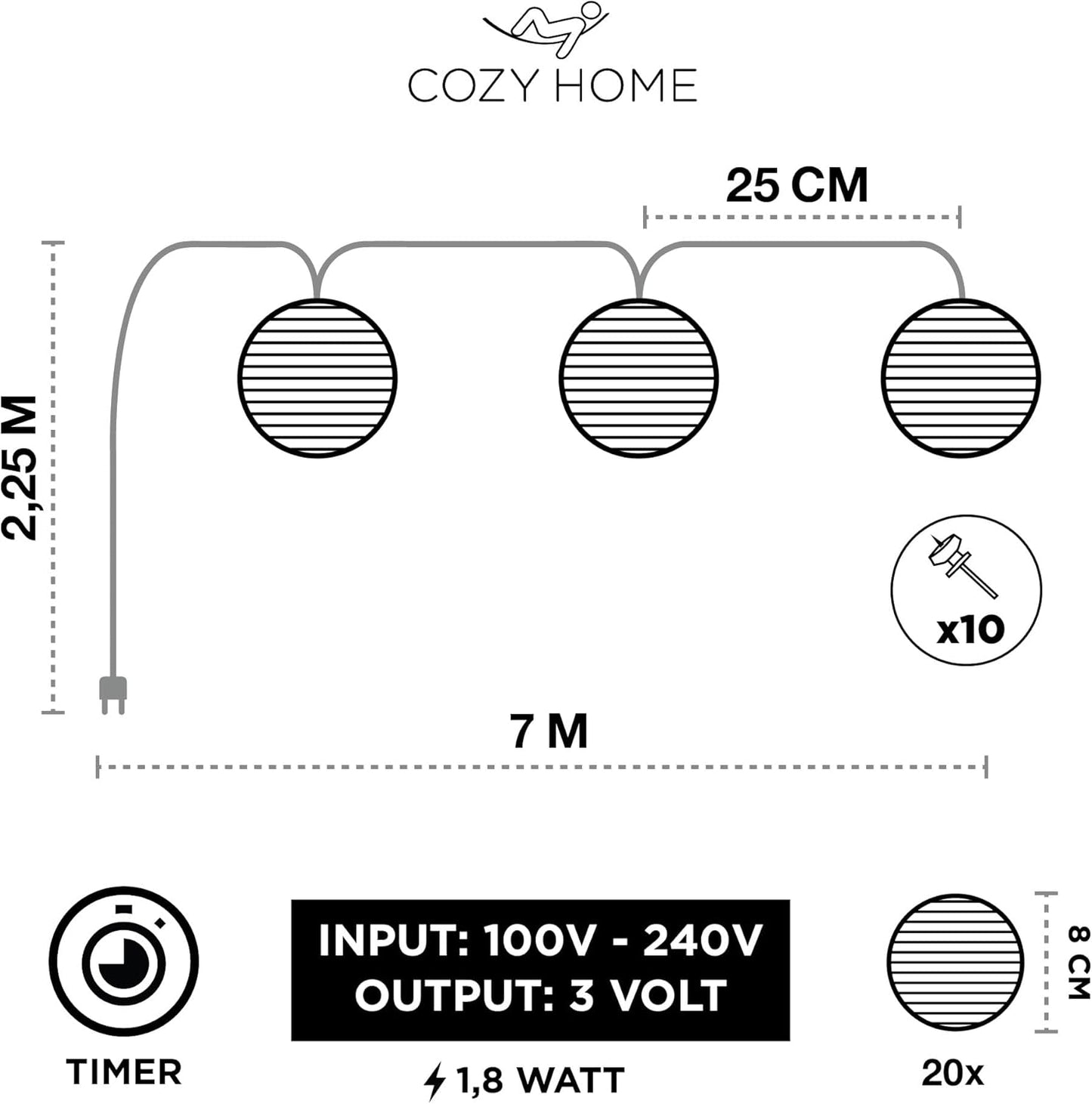 Lampions Lichterkette mit Timer, Stecker