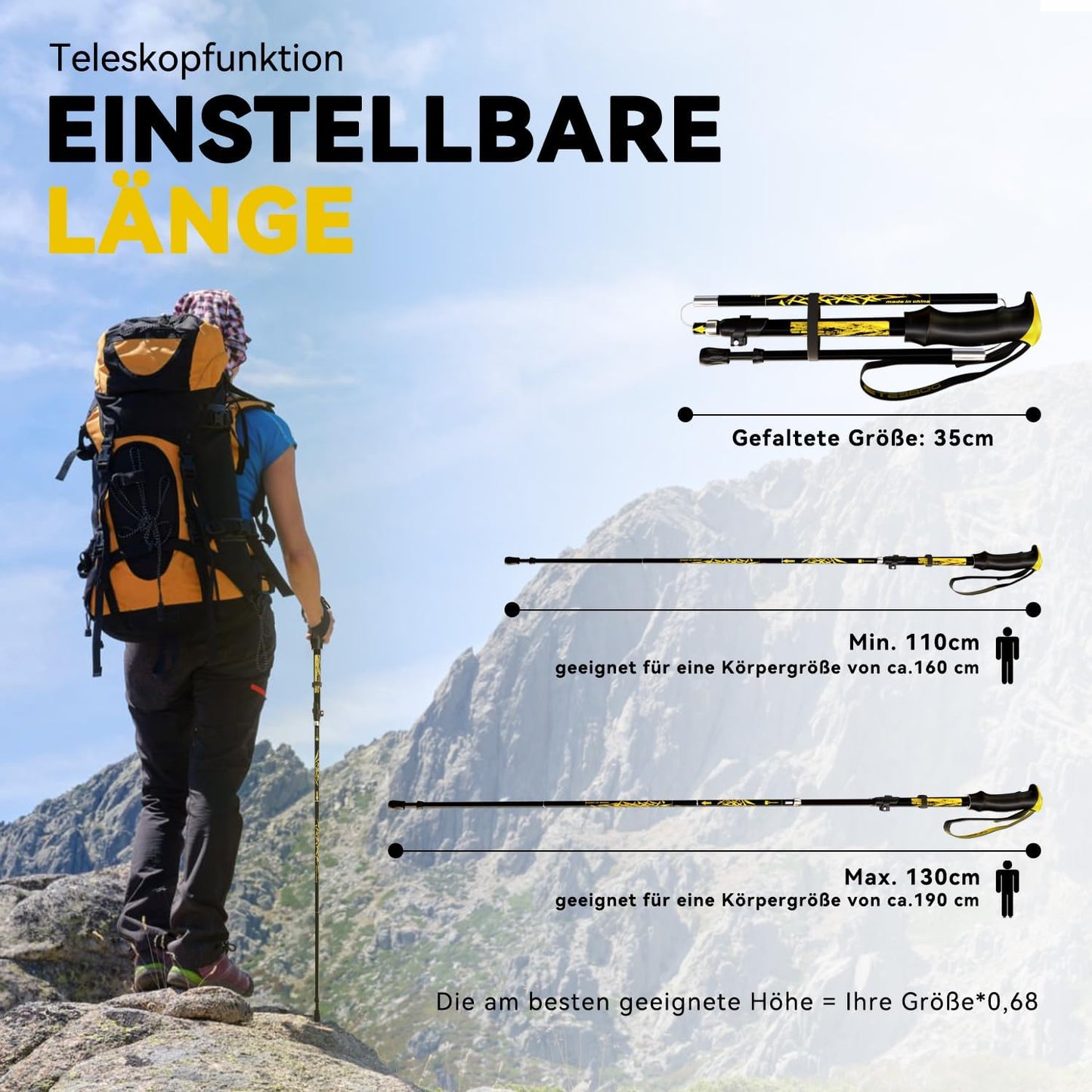 Faltbare Trekkingstöcke, Schwarz Premium