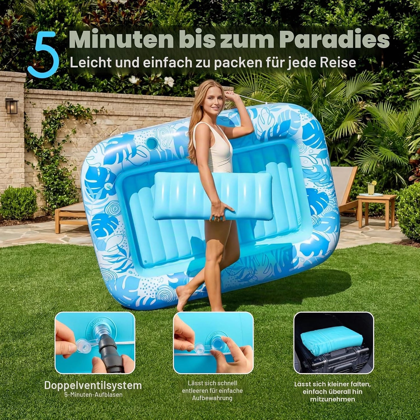 Aufblasbarer 4-in-1 Sonnenliegepool mit Kissen und Getränkehalter, Blau L