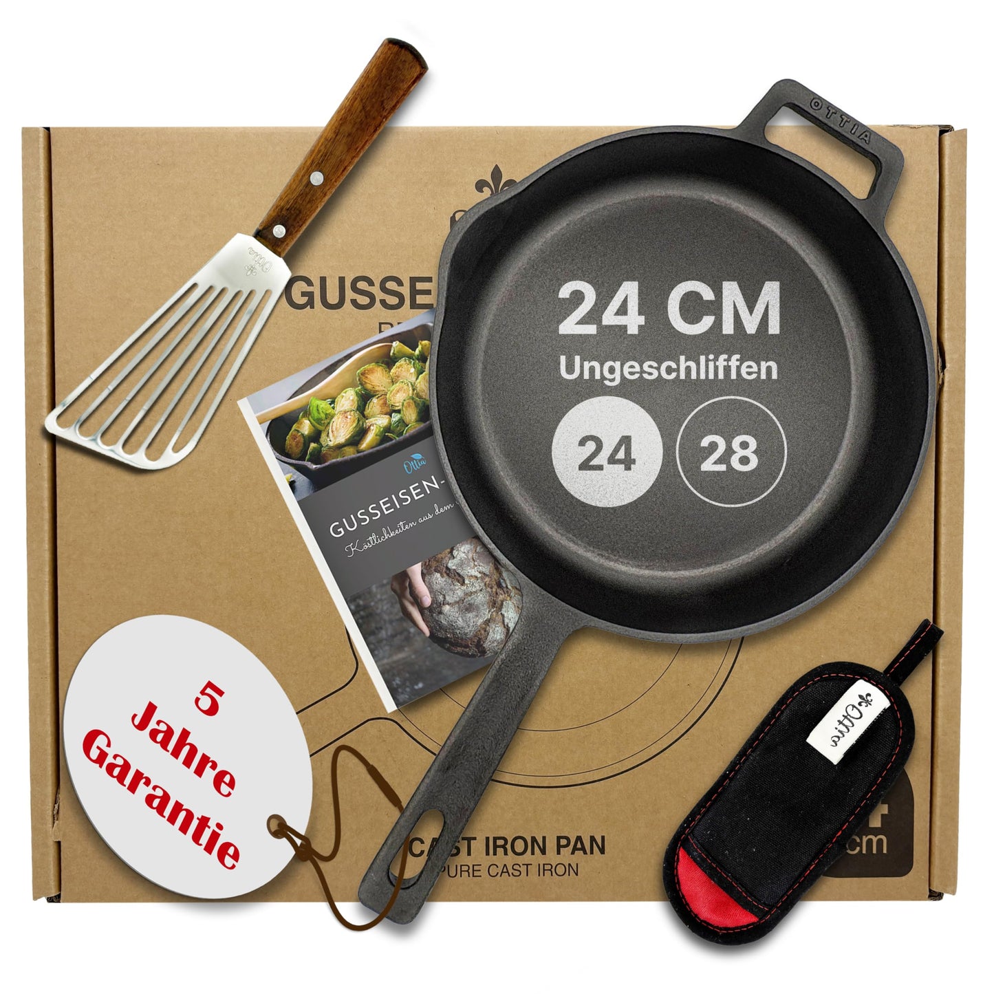 Gusseisenpfanne Induktion 24cm mit Zubehör-Set, 24cm ungeschliffen mit Zubehör