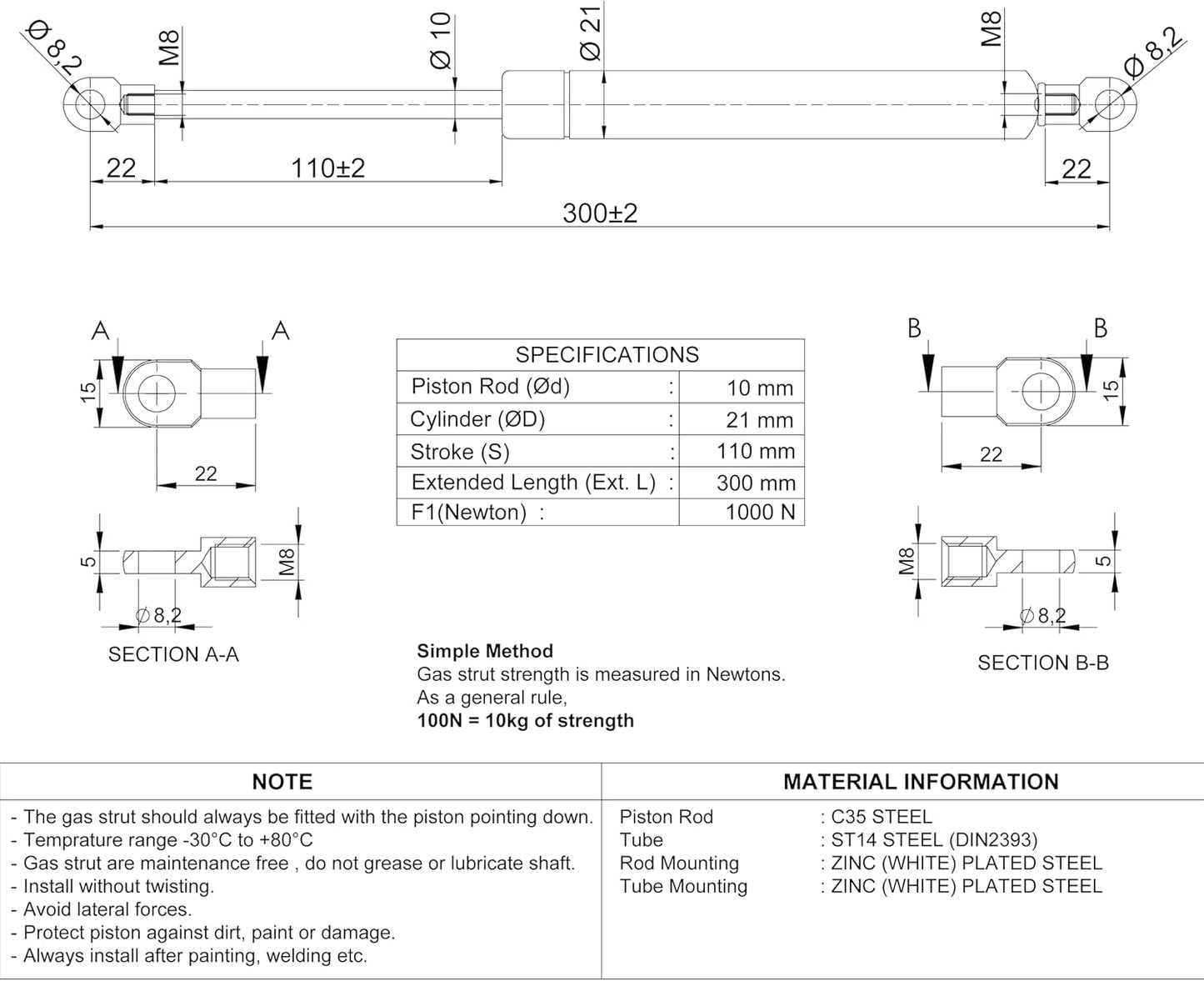 Gasdruckfeder für Türen und Kofferraum, 1000 Newton 300 mm