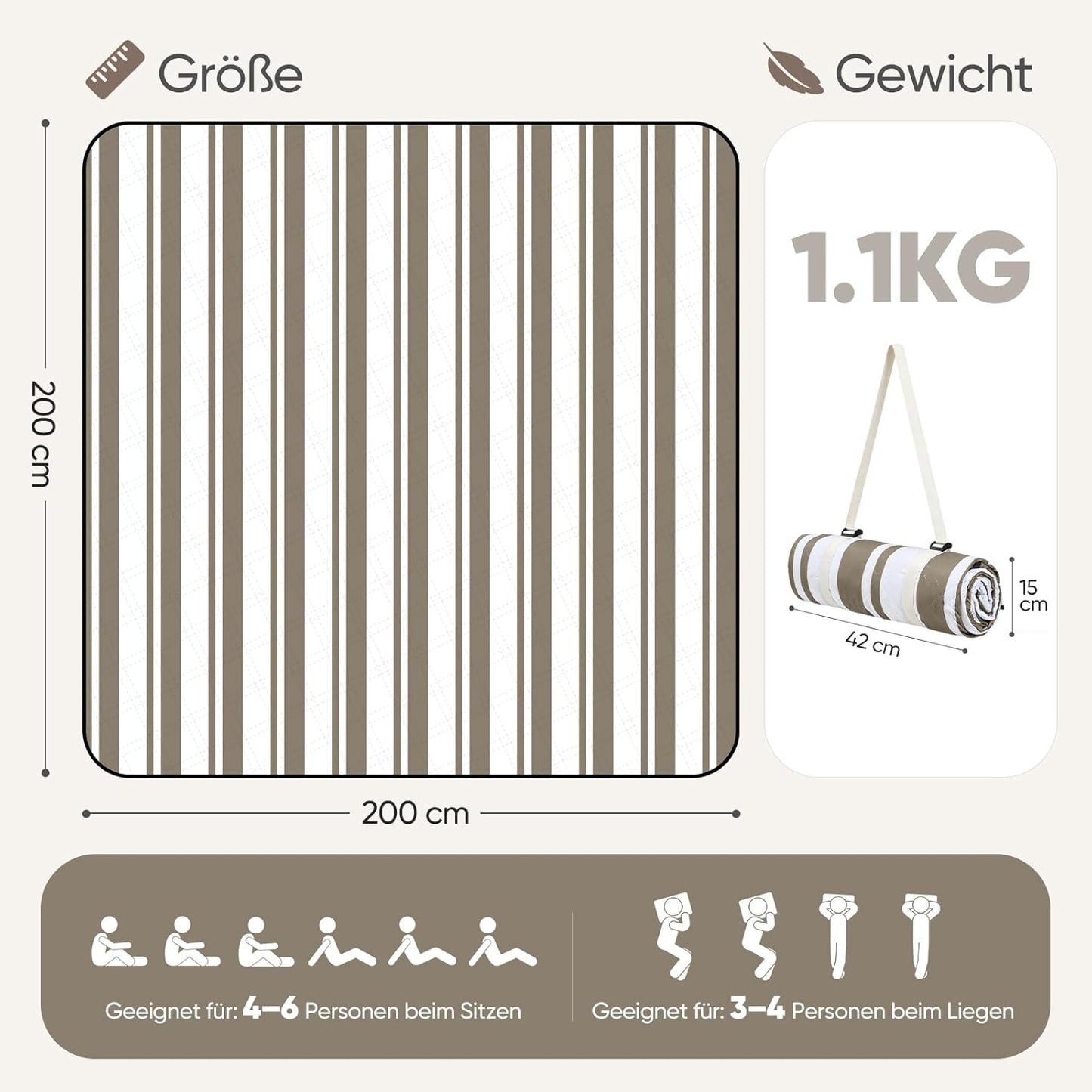 Picknickdecke Wasserdicht 200x200 cm, 200x200 cm Taupe - Streifen