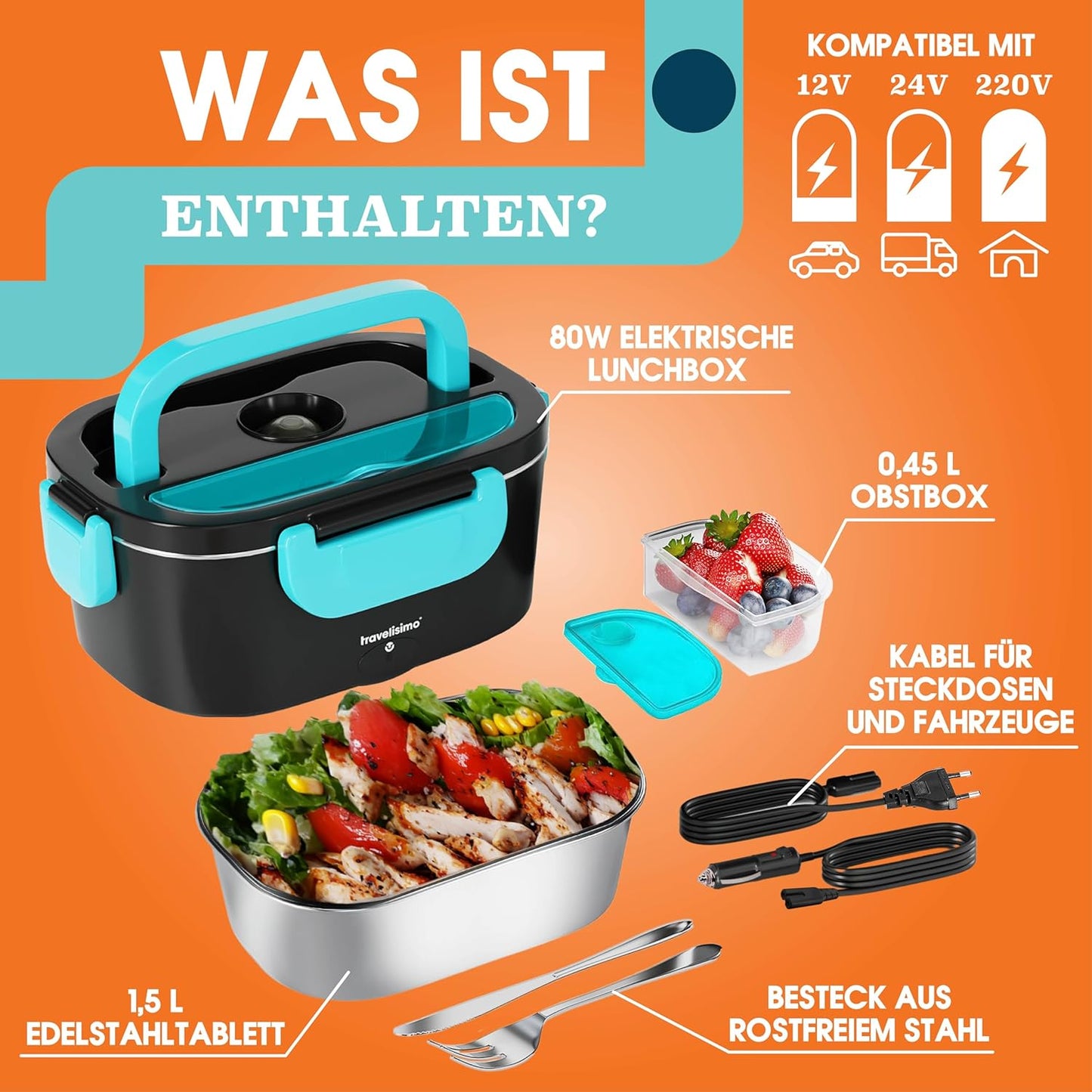 3-in-1 Lunch Box mit Aufwärmfunktion, Neon Blau