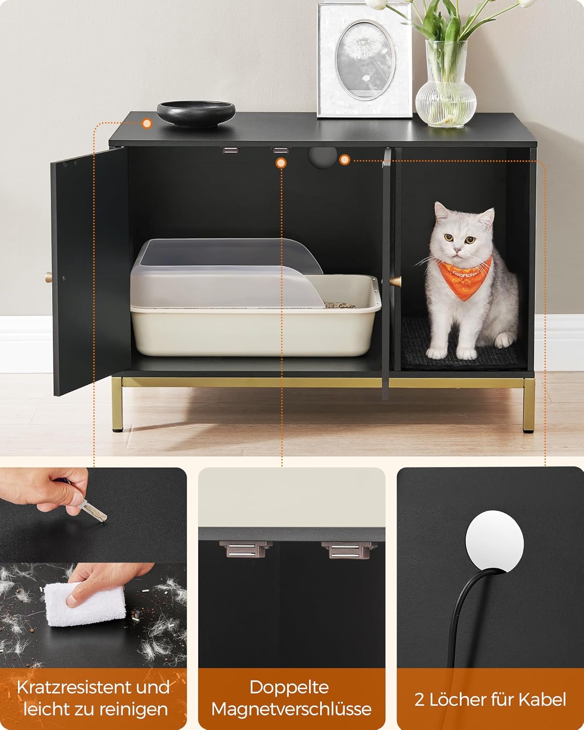 Katzenklo-Schrank PCL007B01 mit Kratzmatte und Beistelltischfunktion, 80 x 50 x 55 cm Schwarz + Goldfarben