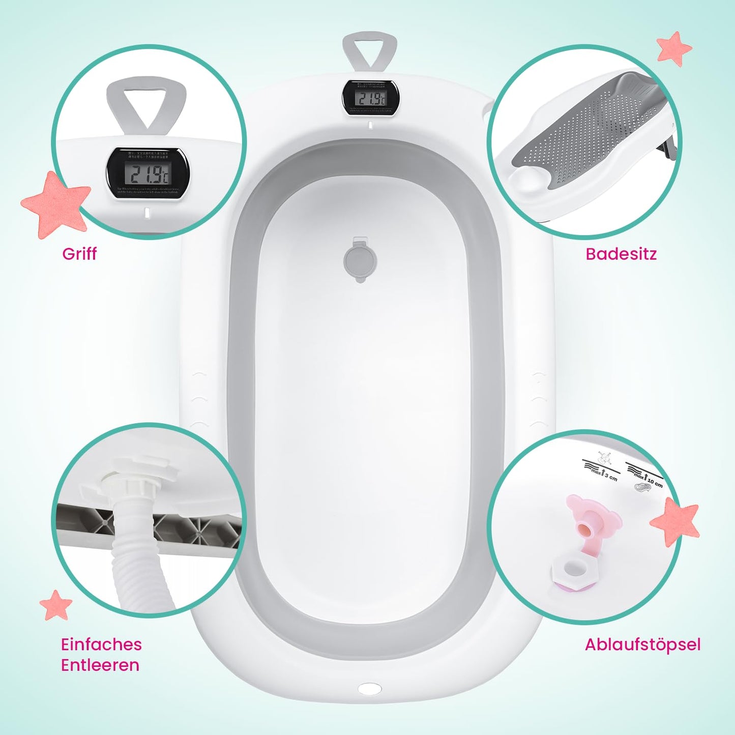 Faltbare Babybadewanne mit Badesitz und Thermometer, Milo Grau (Badesitz, Thermometer) Faltbare Babybadewanne mit Gestell