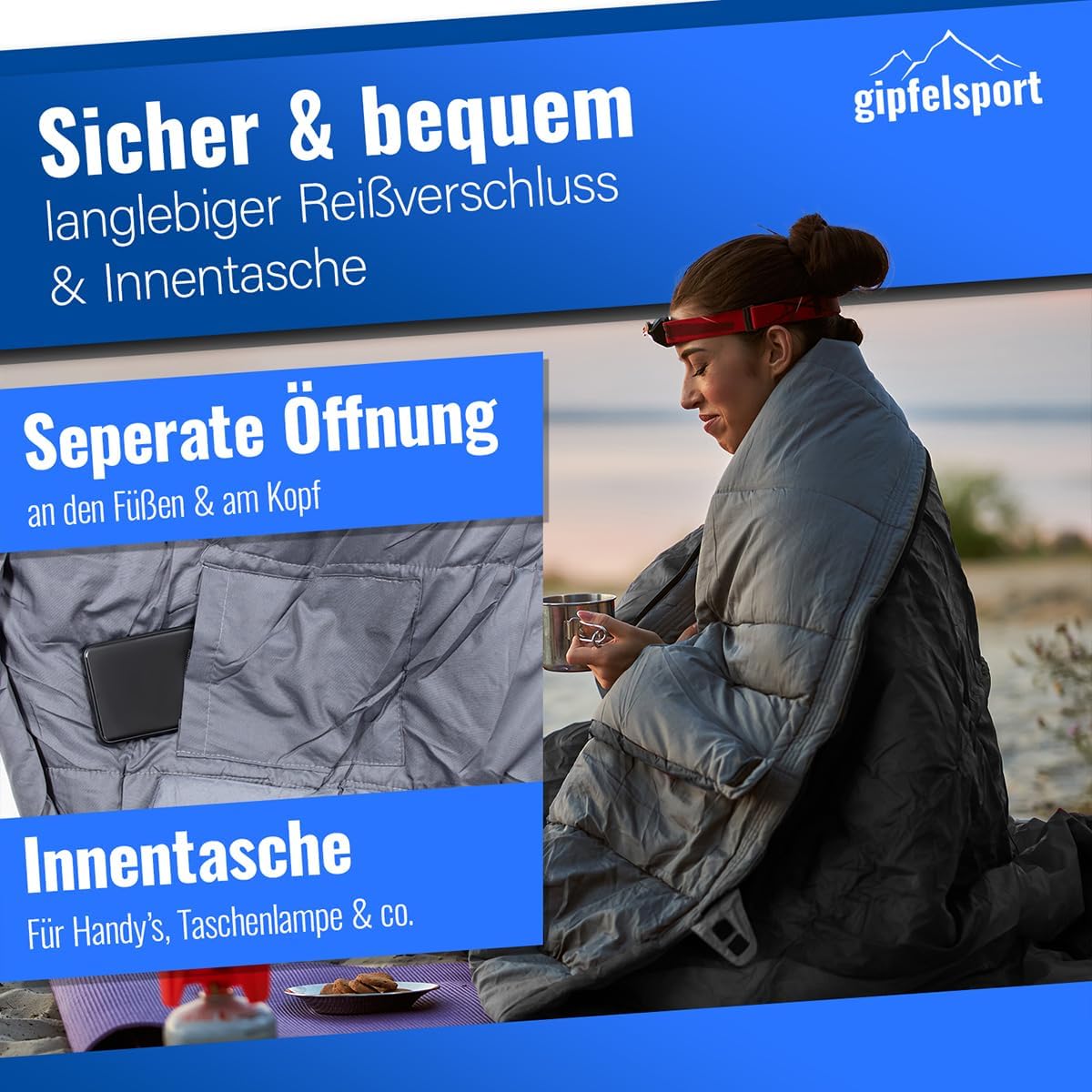 Ultraleichter Mumienschlafsack für 4 Jahreszeiten, -5°C schwarz