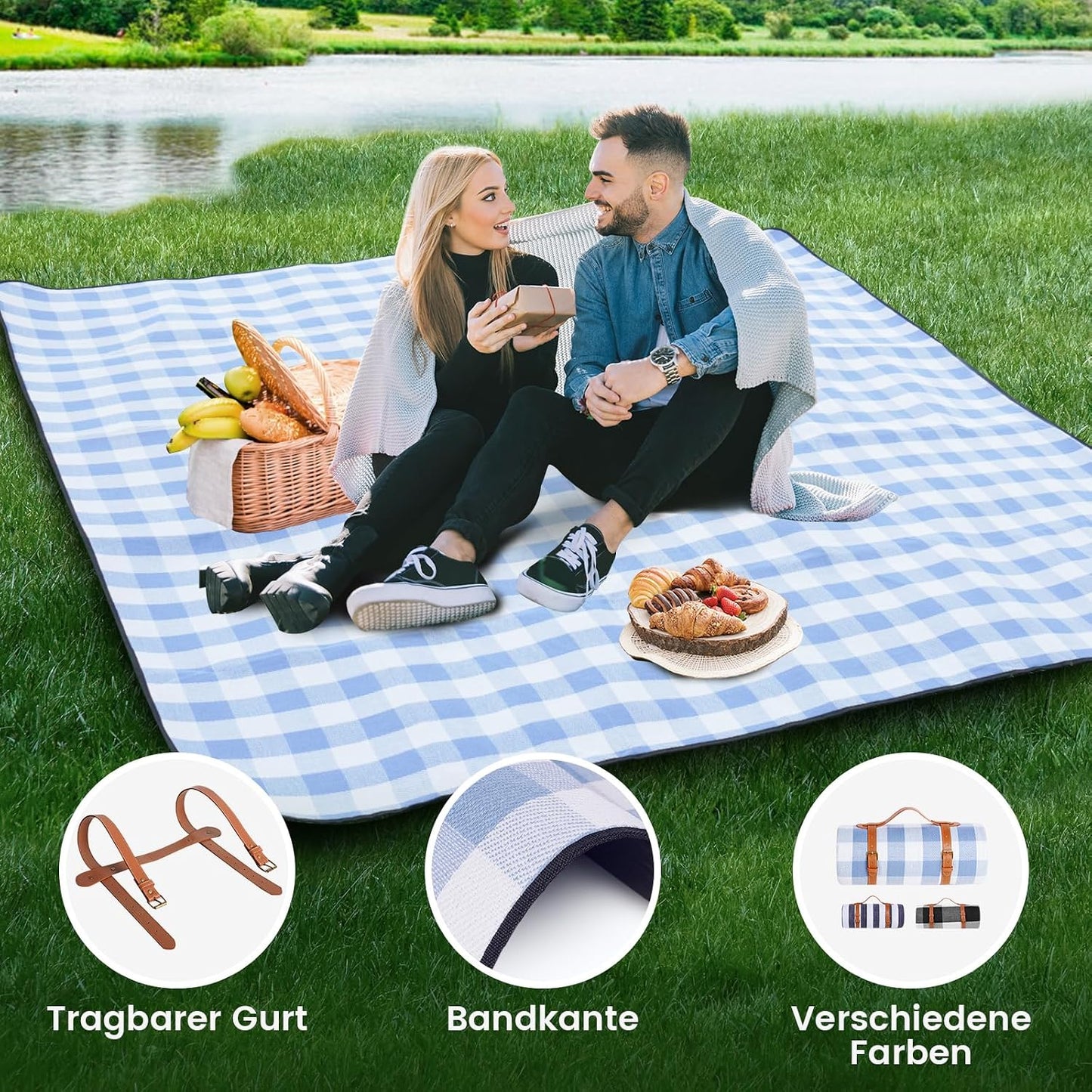 Wasserdichte Picknickdecke, Blau-weiss Kariert 200 x 200 cm