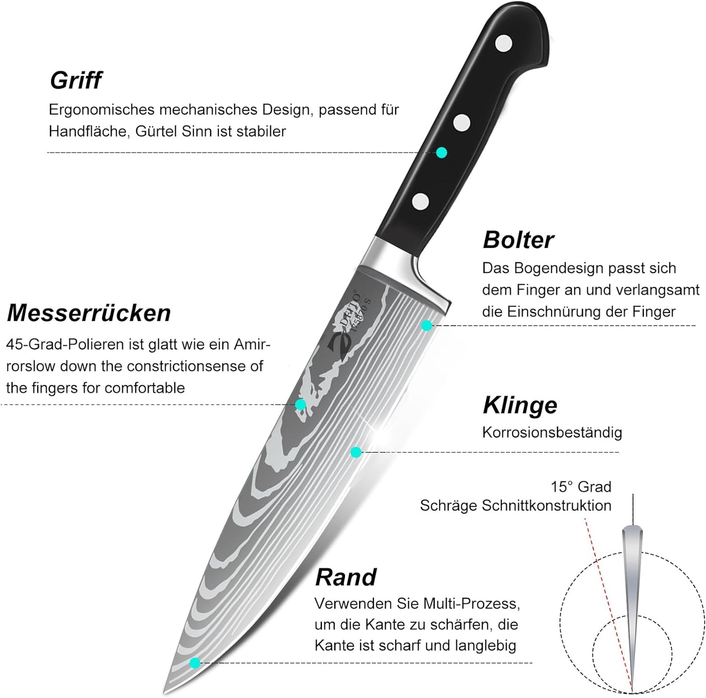 Messerset mit Rolltasche, Schwarz Griff 8pcs
