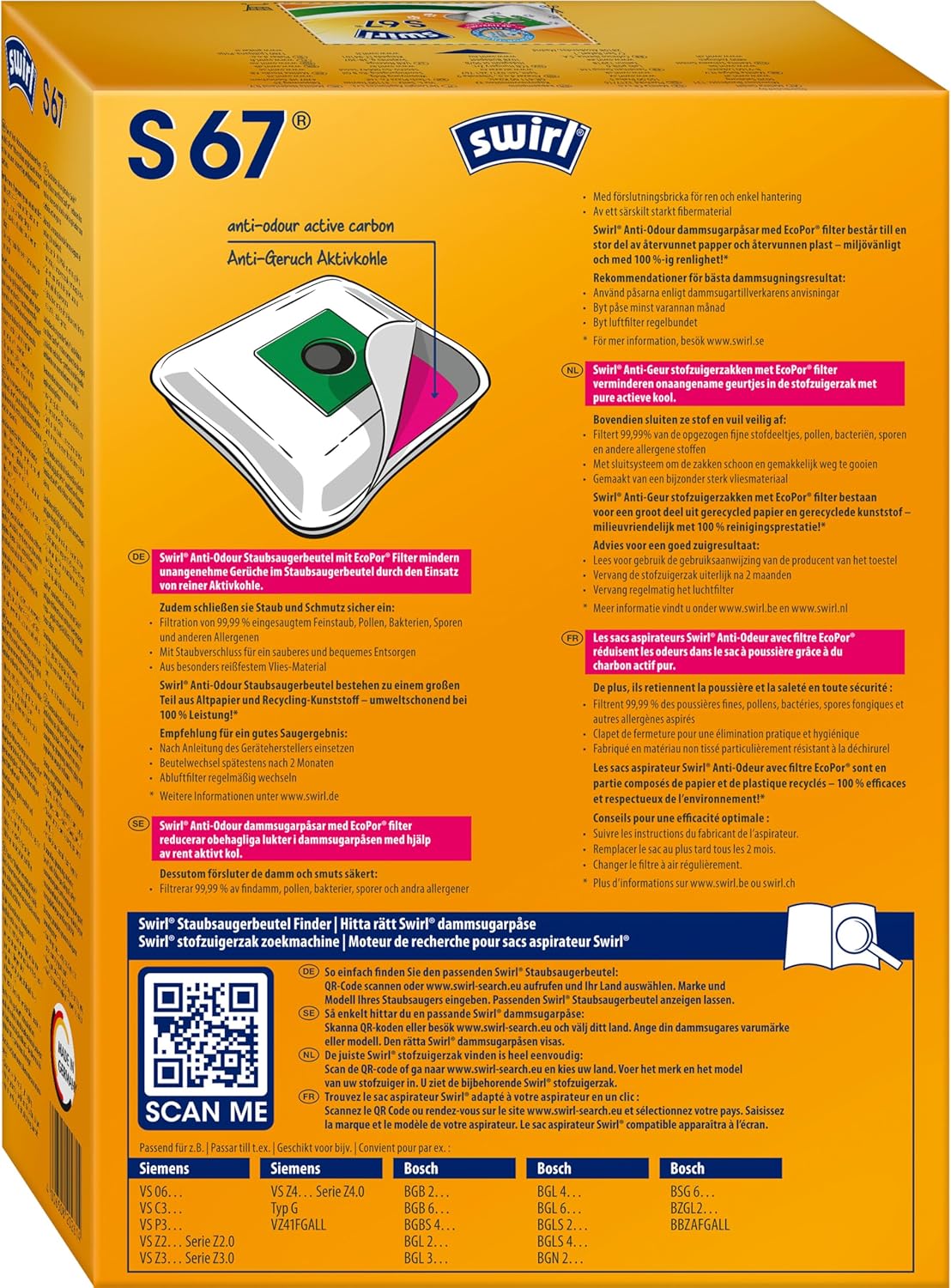 S 67 EcoPor Anti-Geruch Staubsaugerbeutel, 4 Stück