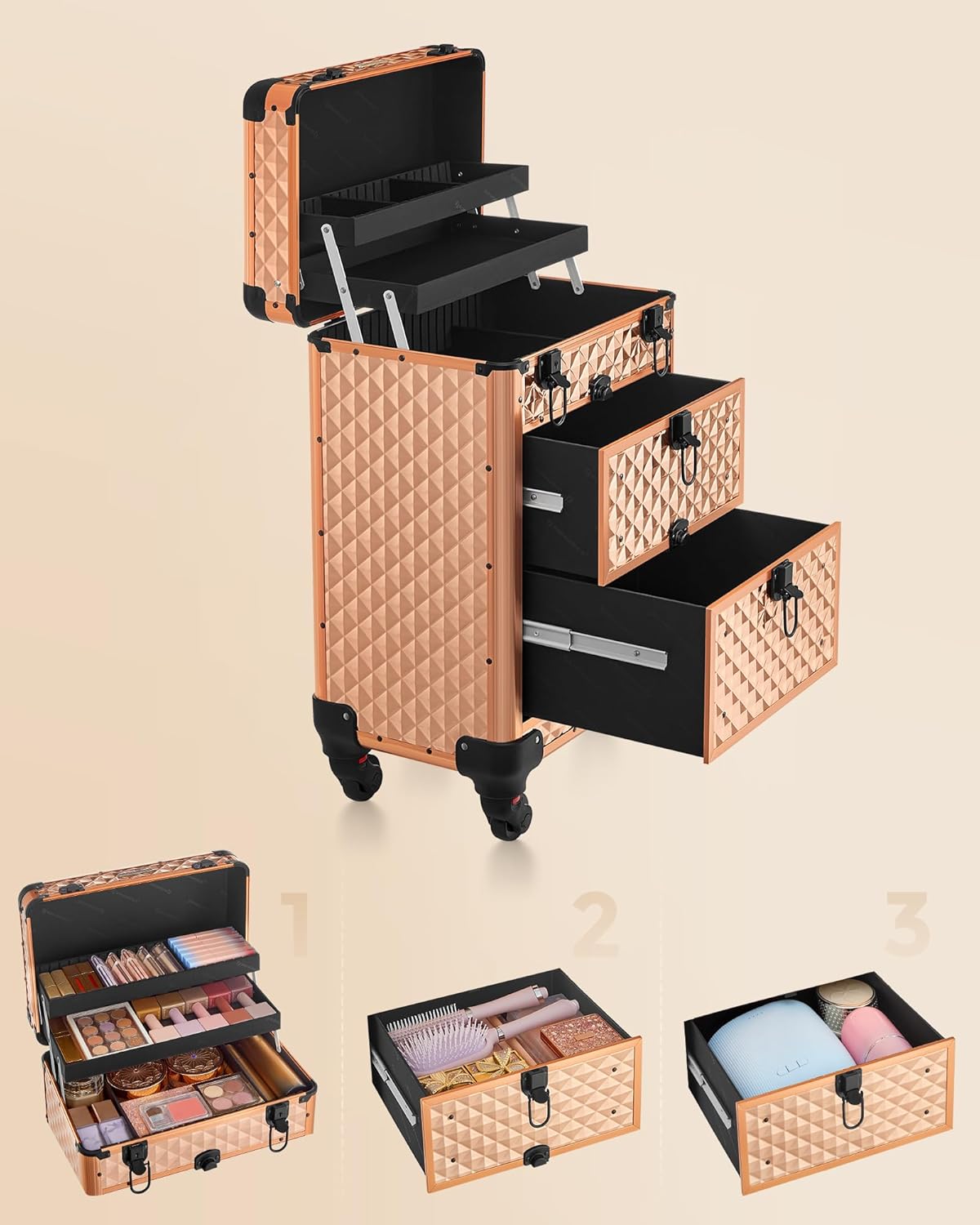 Kosmetikkoffer JHZ008A01 mit 2 Schubladen, 360° Rollen, Champagnergold