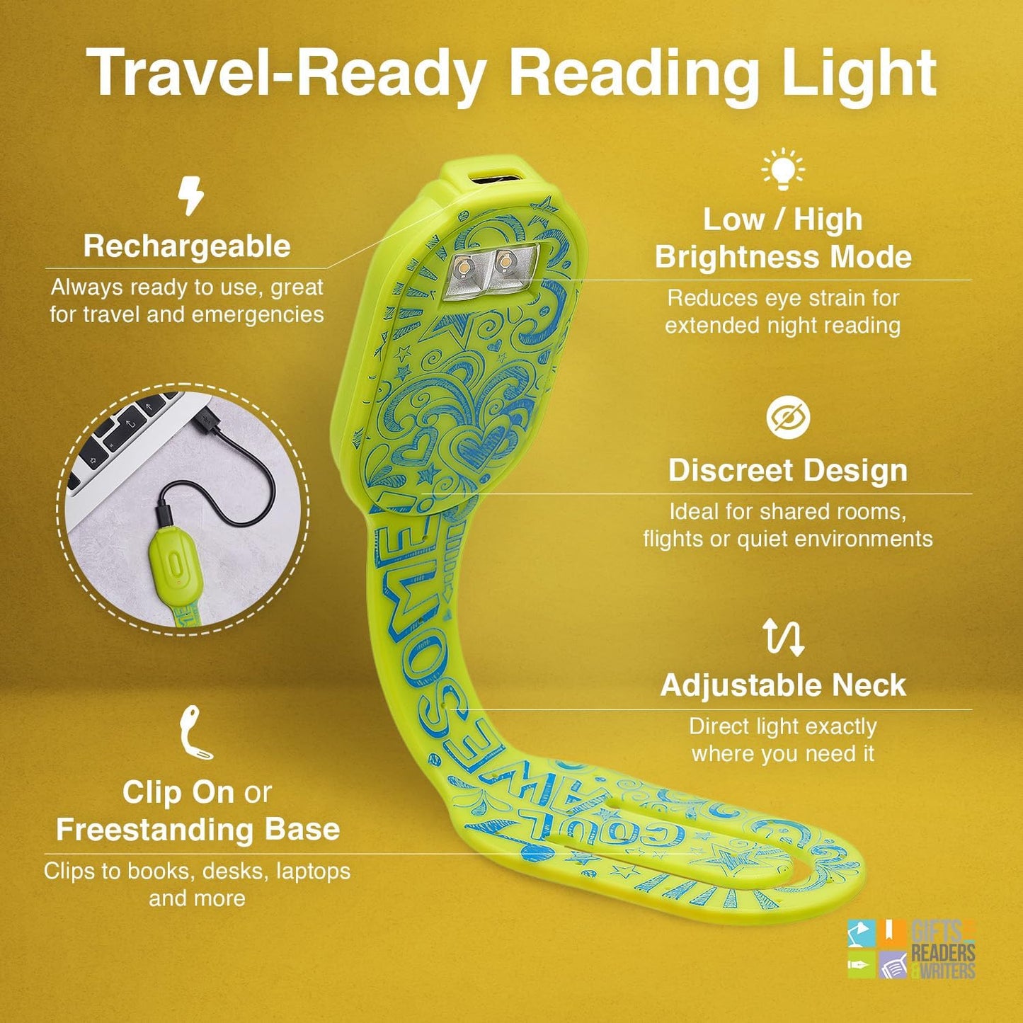Flexilight 2-in-1 Clip On Leselampe & Lesezeichen, wiederaufladbar, Awesome