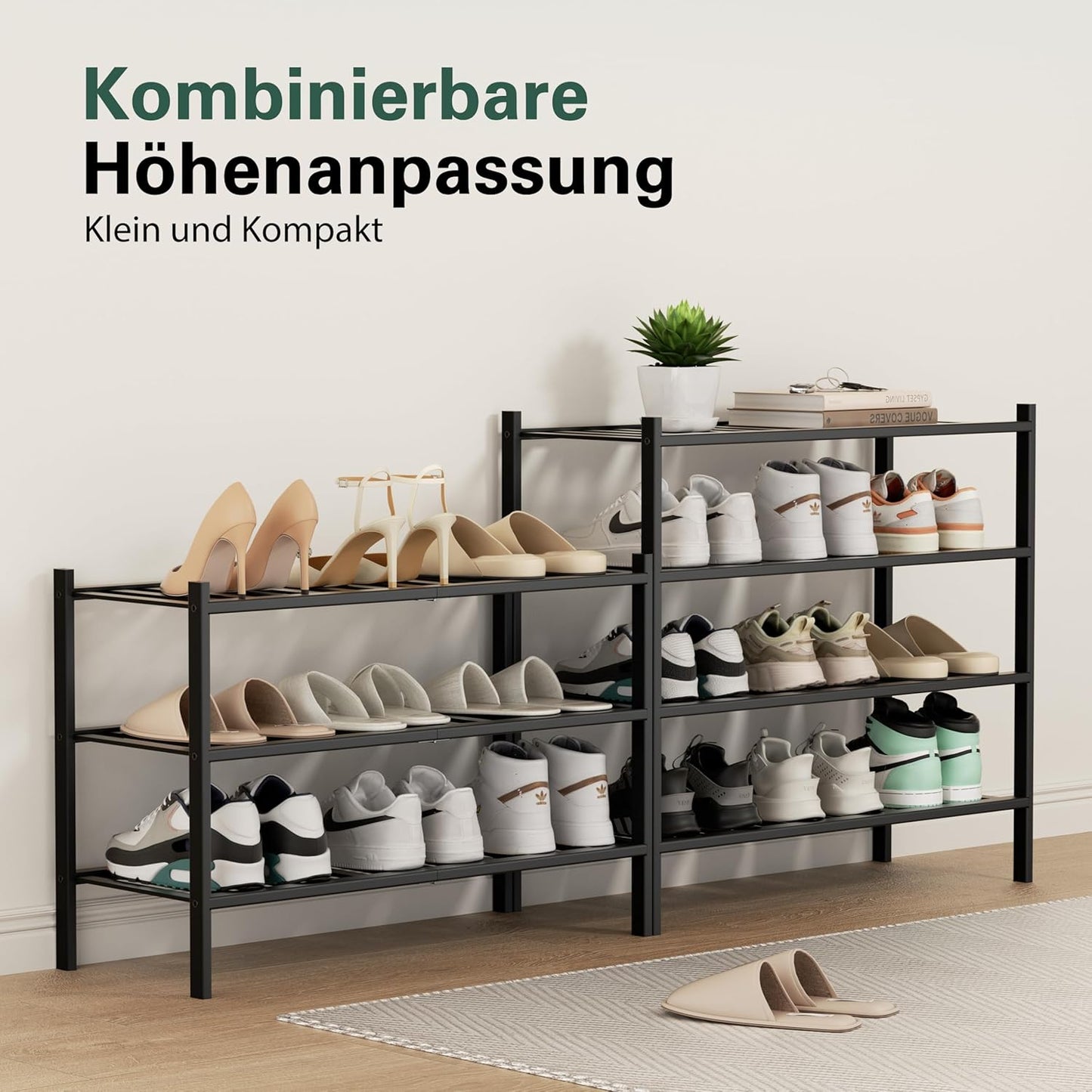 Schuhregal aus Bambus, 4-Ebenen stapelbar, 4 Ebenen Schwarz