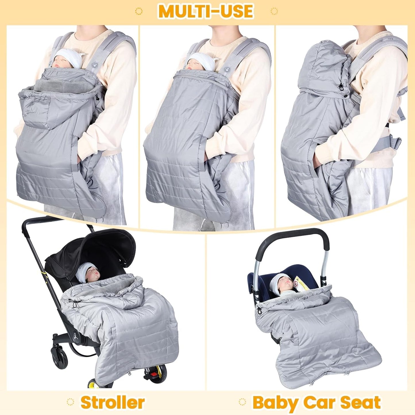 Regencover für Babytrage mit Kapuze und Fleece-Futter