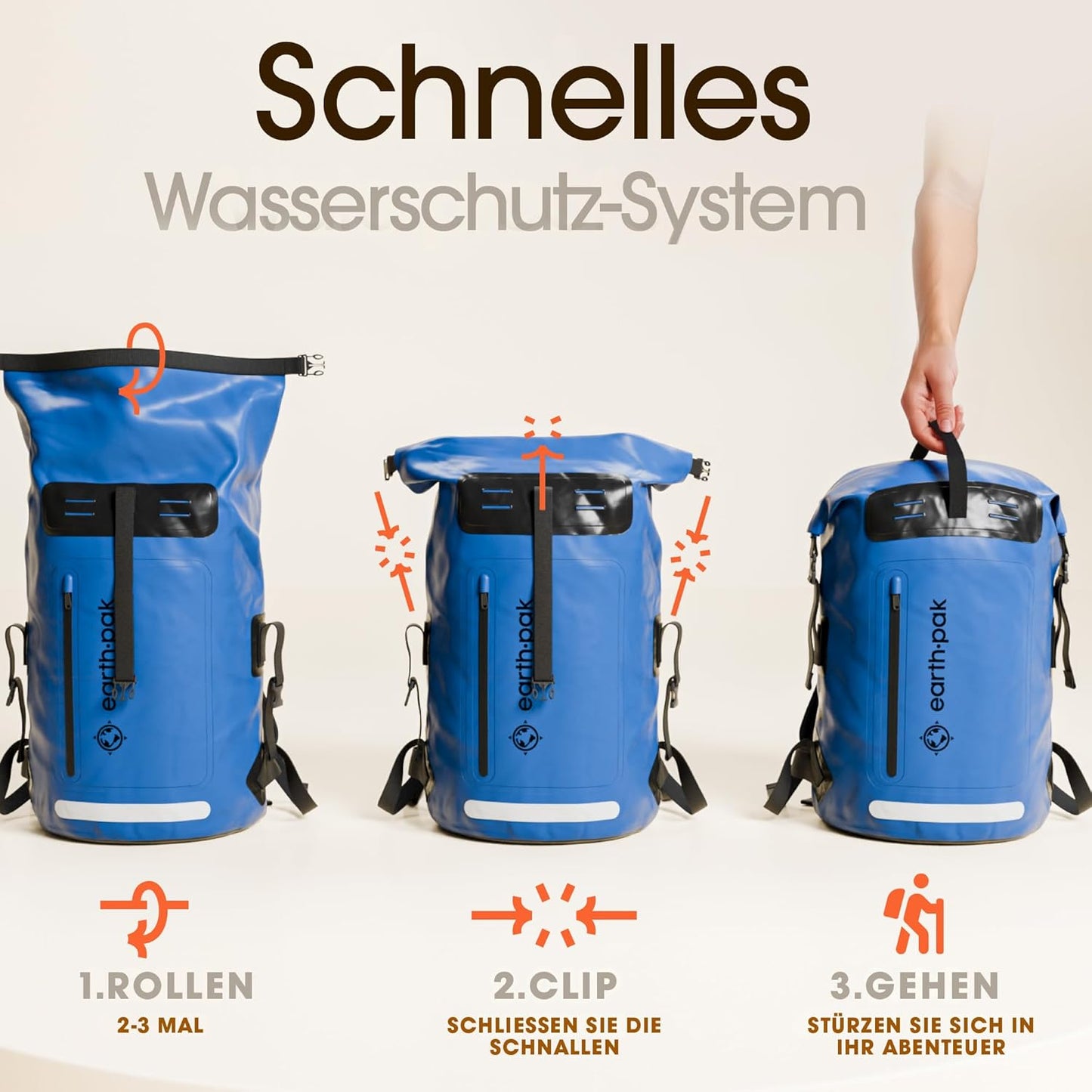 Wasserdichter Rucksack mit Rolltop-Verschluss und Handyhülle, 85L Blau